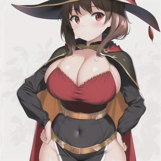 1girls, aged up, ai generated, alternate breast size, big breasts, blush, breasts, brown hair, cleavage, female, female focus, female only, huge breasts, kono subarashii sekai ni shukufuku wo!, large breasts, megumin, nai diffusion, navel, red eyes, simple background, skindentation, stable diffusion, tagme, white background, wide hips, witch, witch hat