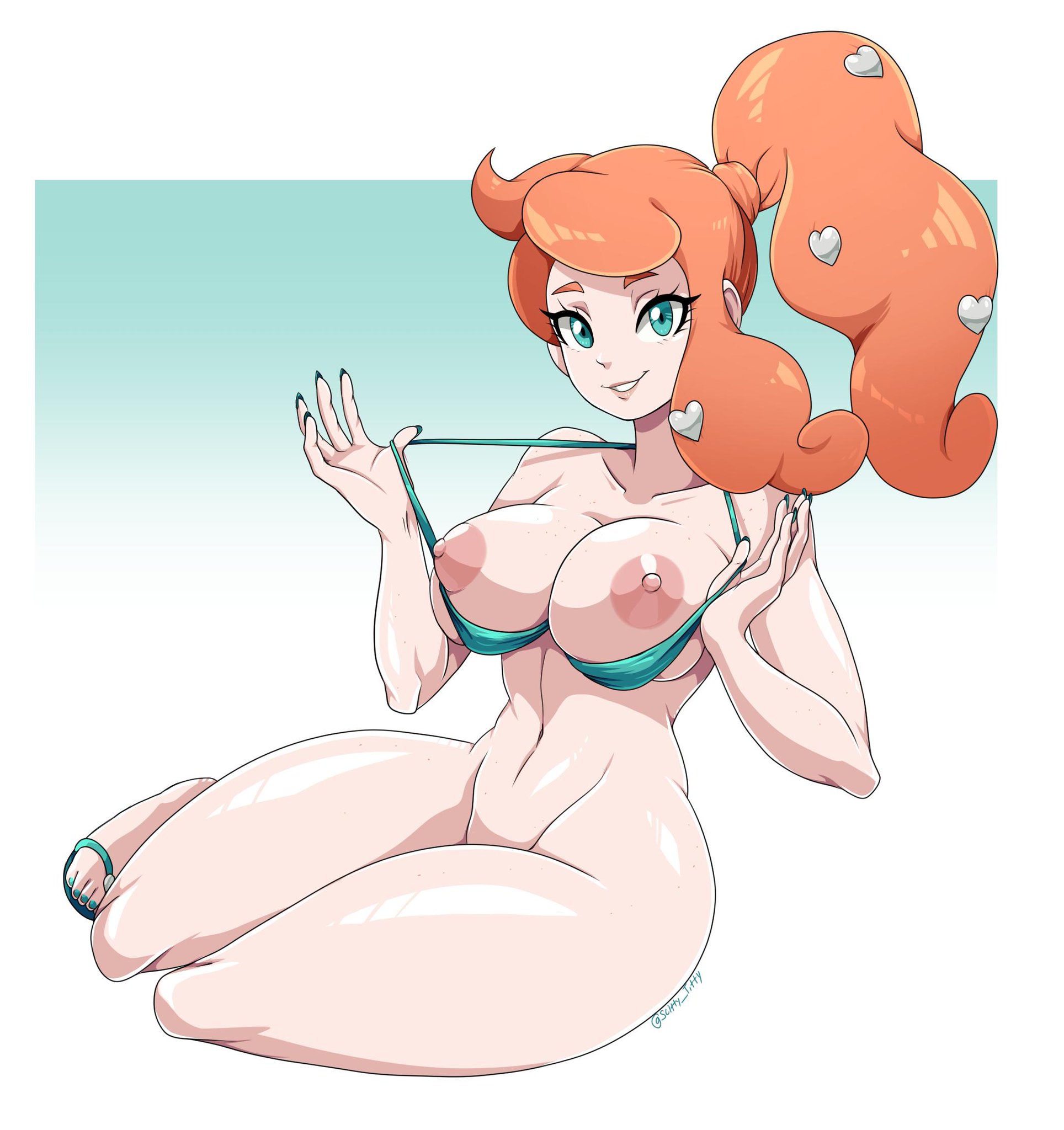 1girls, abs, alternate breast size, bikini top, bottomless, bra pull, breasts, collarbone, color, female, green eyes, hips, human, human only, large breasts, legs together, looking at viewer, navel, nipples, orange hair, pokemon, pokemon ss, ponytail, sandals, sitting, smile, solo, sonia (pokemon), thighs