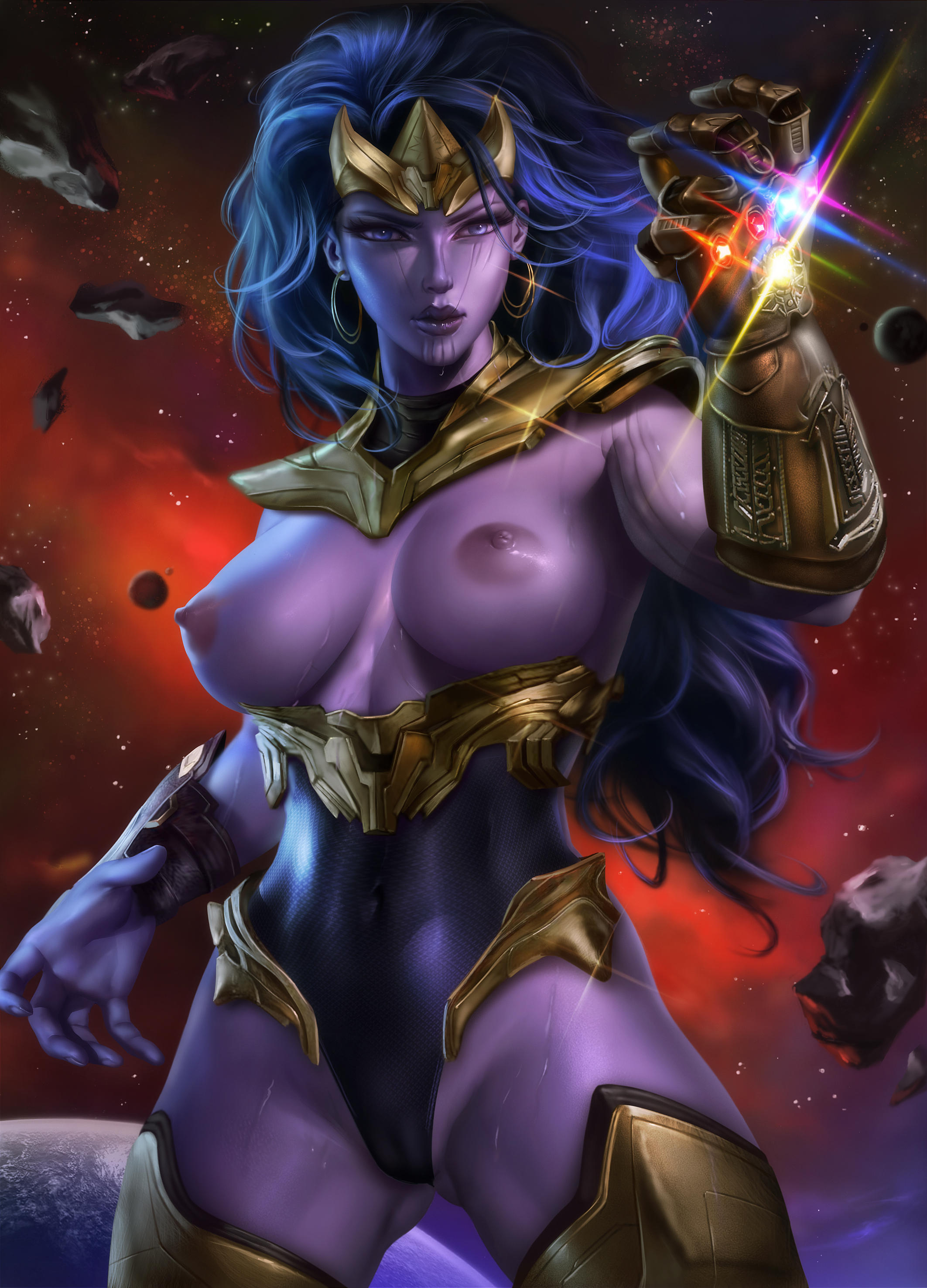 1girls, 2d, absurdres, avengers, breasts, female, female only, highres, infinity gauntlet, large breasts, logan cure, marvel, marvel comics, nipples, purple eyes, purple hair, purple skin, purple-skinned female, rule 63, solo, thanos