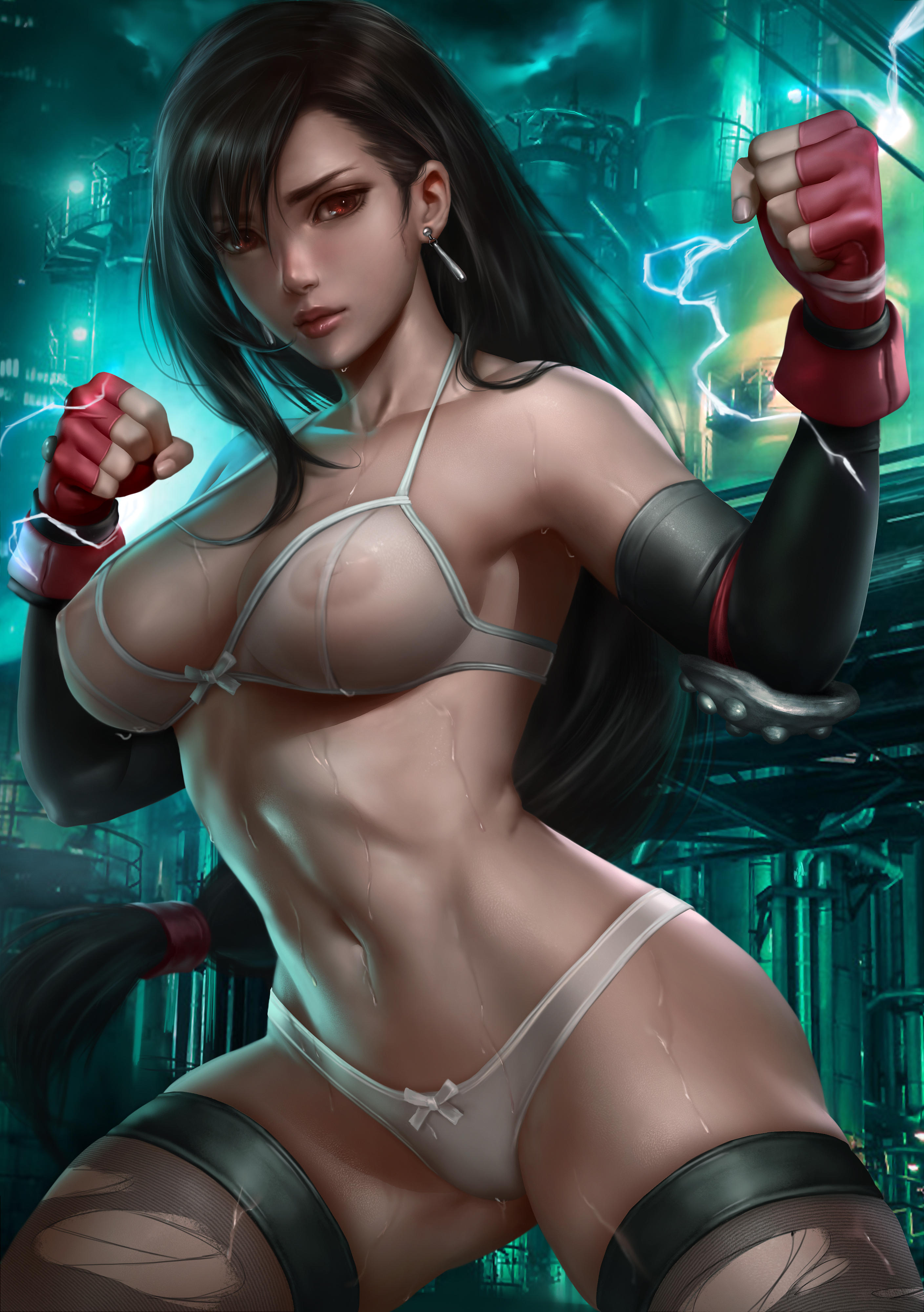 absurdres, bra, female, female only, final fantasy, final fantasy vii, highres, lingerie, logan cure, nipples, panties, red eyes, see-through, solo, square enix, tifa lockhart