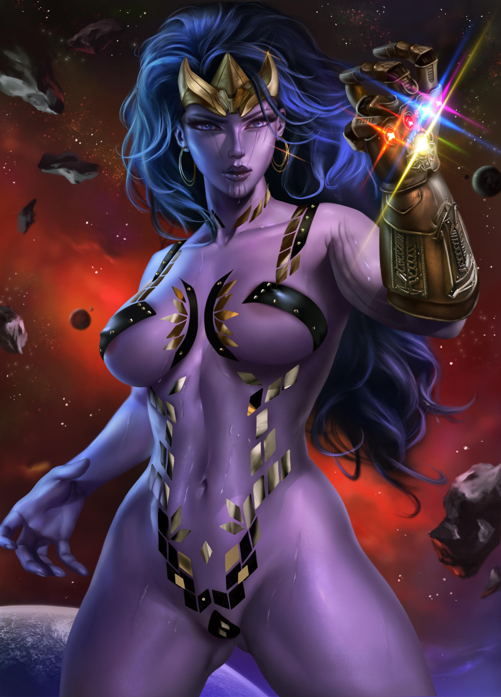 1girls, 2d, absurdres, avengers, breasts, female, female only, highres, infinity gauntlet, large breasts, lingerie, logan cure, marvel, marvel comics, purple eyes, purple hair, purple skin, purple-skinned female, rule 63, solo, thanos