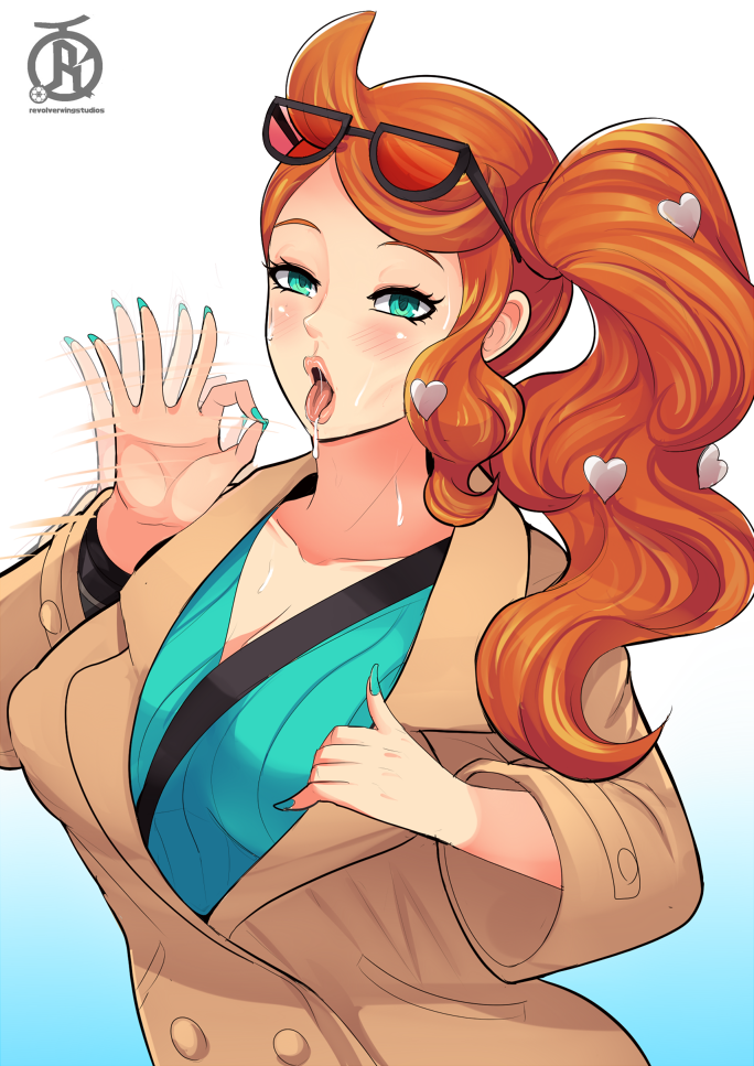 1girls, big breasts, breasts, cleavage, colored, drool, drooling, fellatio gesture, female, glasses, green eyes, human, human only, looking at viewer, open mouth, orange hair, painted nails, pokemon, pokemon ss, revolverwingstudios, sexually suggestive, side ponytail, solo, sonia (pokemon), tongue