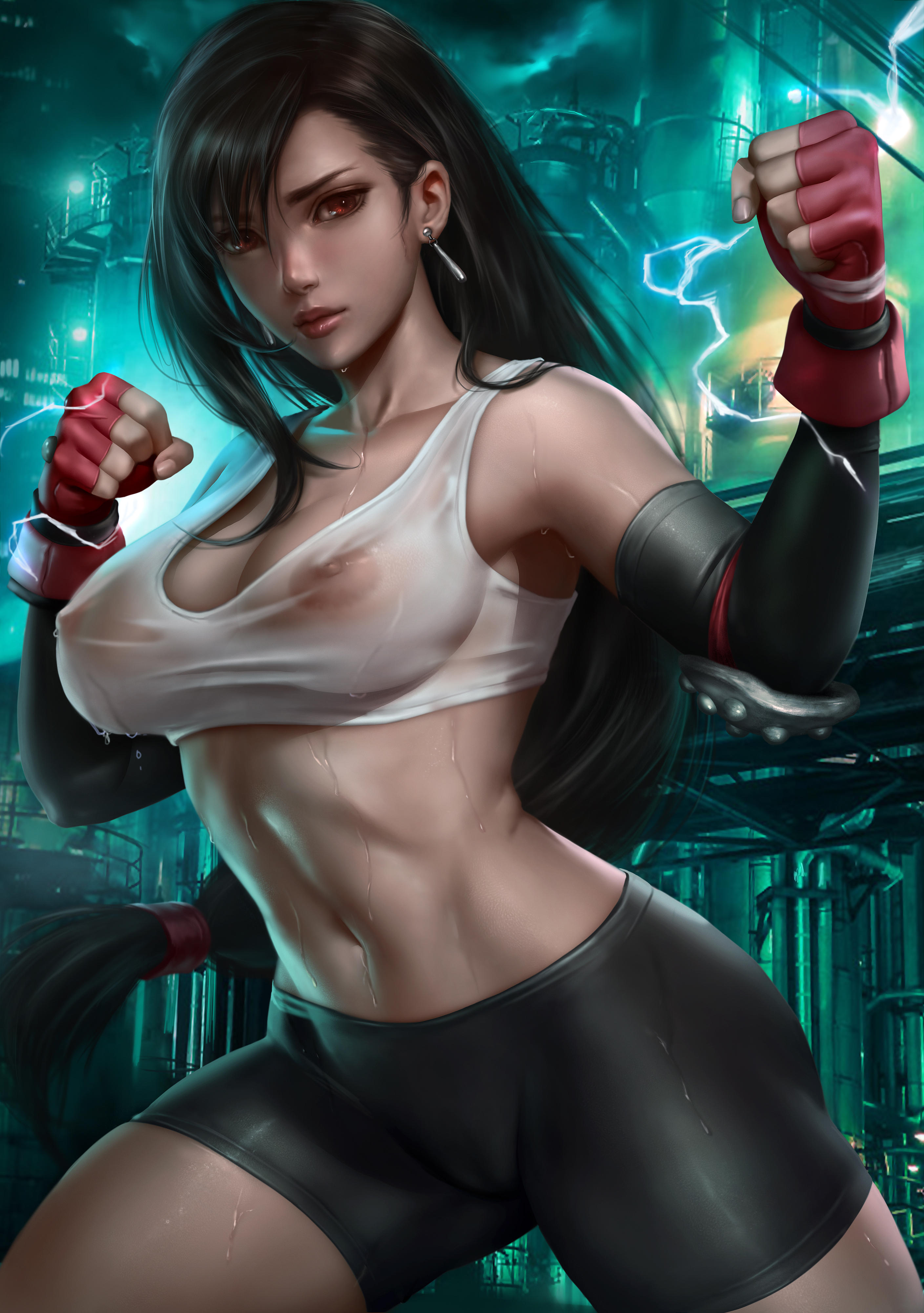 absurdres, bike shorts, earrings, female, female only, final fantasy, final fantasy vii, highres, logan cure, nipples, red eyes, see-through, solo, spats, square enix, sweat, tifa lockhart