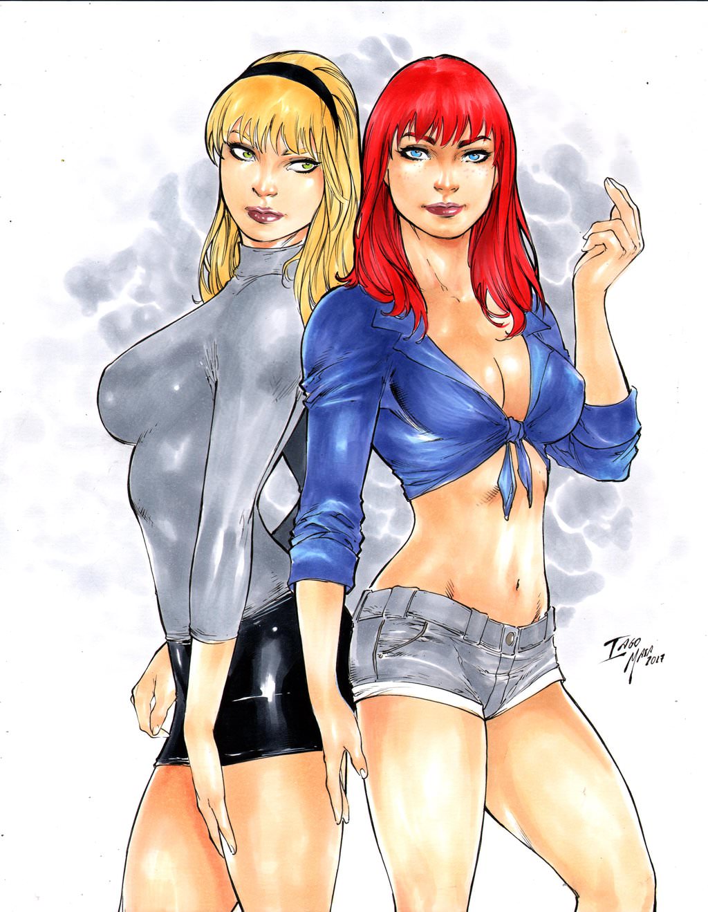 2017, 2girls, big breasts, black headband, black skirt, blonde hair, blue eyes, blue shirt, breasts, busty, curvaceous, curvy, daisy dukes, dated, ed benes studio, erect nipples, female, female only, freckles, green eyes, grey shirt, grey topwear, gwen stacy, gwen stacy (classic), hairband, headband, hot pants, human, iago maia, jeans, long hair, marvel, marvel comics, mary jane watson, metahuman, miniskirt, model, multiple females, multiple girls, nipple bulge, nipples, nipples visible through clothing, pinup, red hair, red lips, red lipstick, shirt, short shorts, signature, skirt, sleeves past wrists, sleeves rolled up, spider-gwen, spider-man (series), thick thighs, thighs, voluptuous