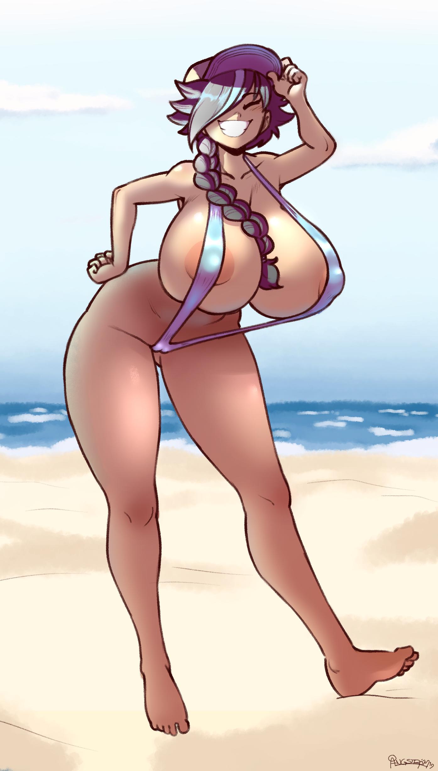 angstrom, areolae, ass, barefoot, braided hair, breasts, cameltoe, female, grin, hat, huge ass, huge breasts, long hair, pussy, seductive, sling bikini, smile, solo, thick thighs, wide hips