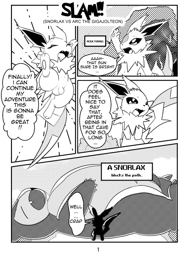 doujinshi eeveelution flaccid jolteon male monochrome nintendo original_character penis pokémon_(species) pokemon pokemon_(species) pokemon_rgby screen_tones snorlax testicles text video_games white_crest