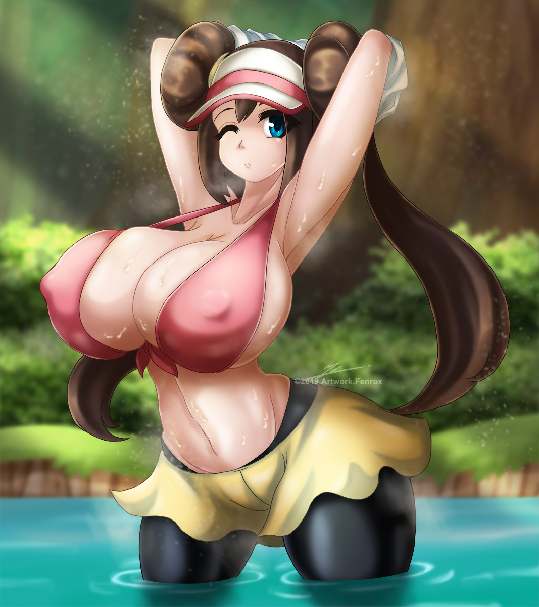 abs, alternate breast size, armpits, arms behind head, big breasts, blue eyes, breasts, brown hair, busty, clothed, erect nipples, erect nipples under clothes, female, fenrox, huge breasts, large breasts, long hair, nipples, outdoors, pantyhose, pigtails, pokemon, pokemon bw2, rosa (pokemon), skirt, water, wet, wink