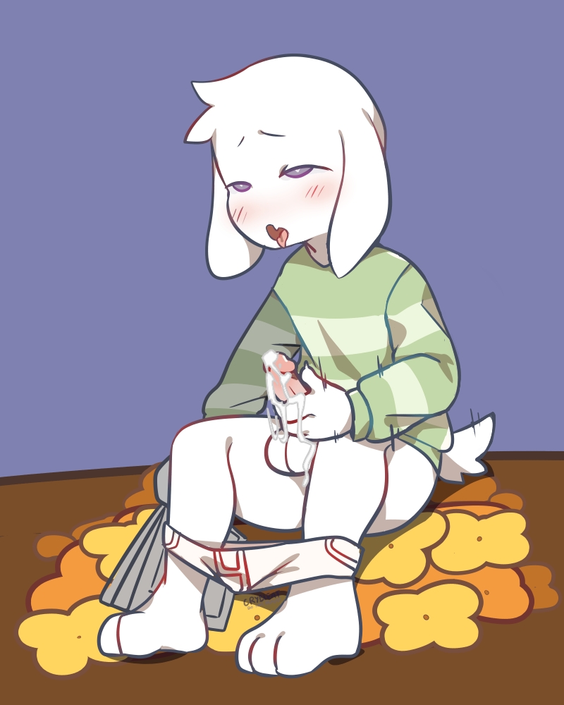 1boy anthro asriel_dreemurr balls biped blush bodily_fluids caprine crybleat cum cum_on_hand cum_on_penis erection feet half-dressed humanoid_penis looking_pleasured magazine masturbation orgasm penis solo solo_male tongue_out undertale