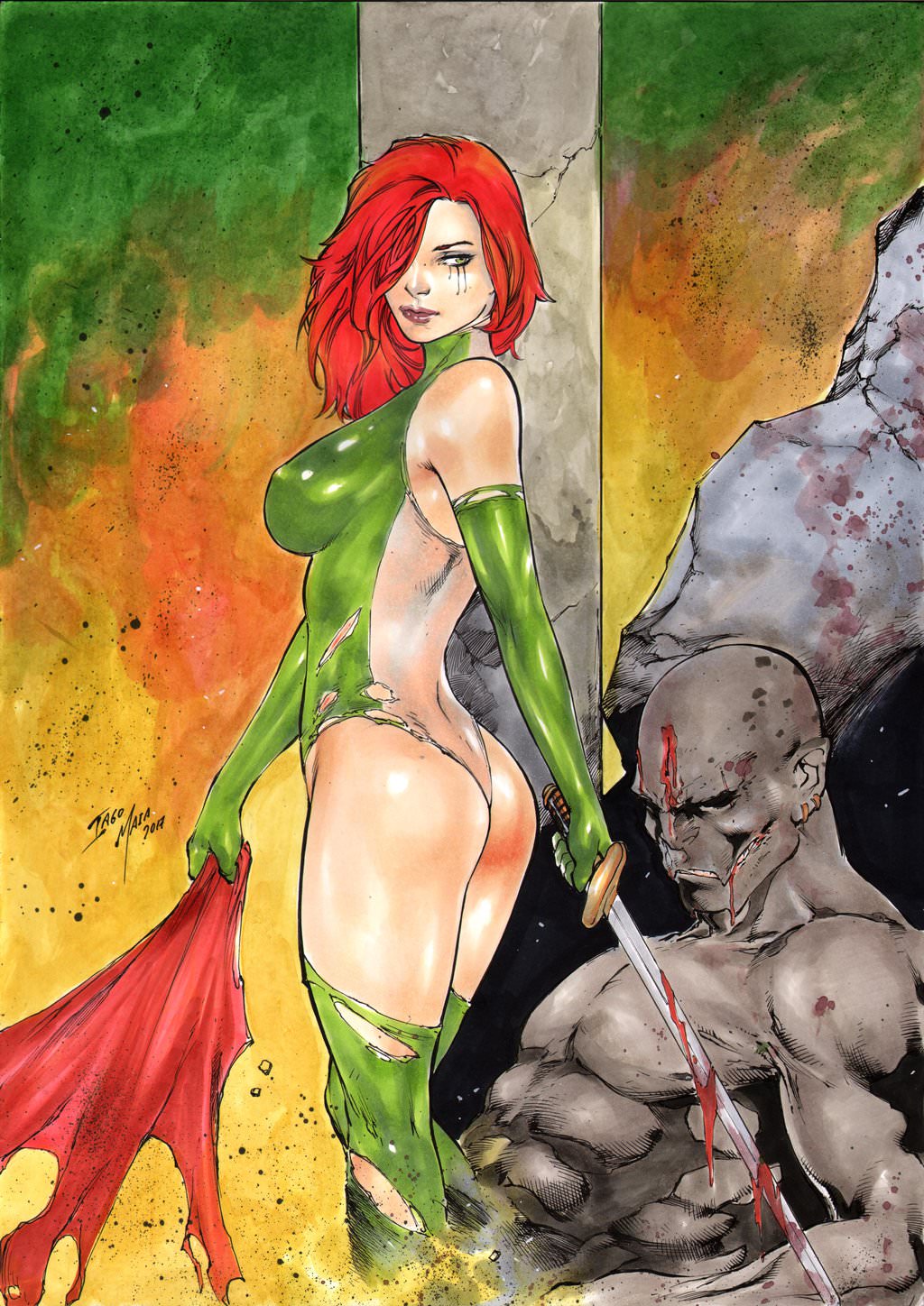 1girls 2017 ass big_breasts bloody_sword bodysuit breasts busty cry_for_dawn curvaceous curvy dated dawn_(comics) ed_benes_studio erect_nipples female female_only gloves goddess green_bodysuit green_eyes green_gloves green_stockings grey_bodysuit grey_stockings holding_sword holding_weapon iago_maia long_hair mascara mascara_tears nipple_bulge nipples nipples_visible_through_clothing pillar pinup red_hair red_lips red_lipstick signature sirius_entertainment solo stockings sword thighs thong torn_bodysuit voluptuous