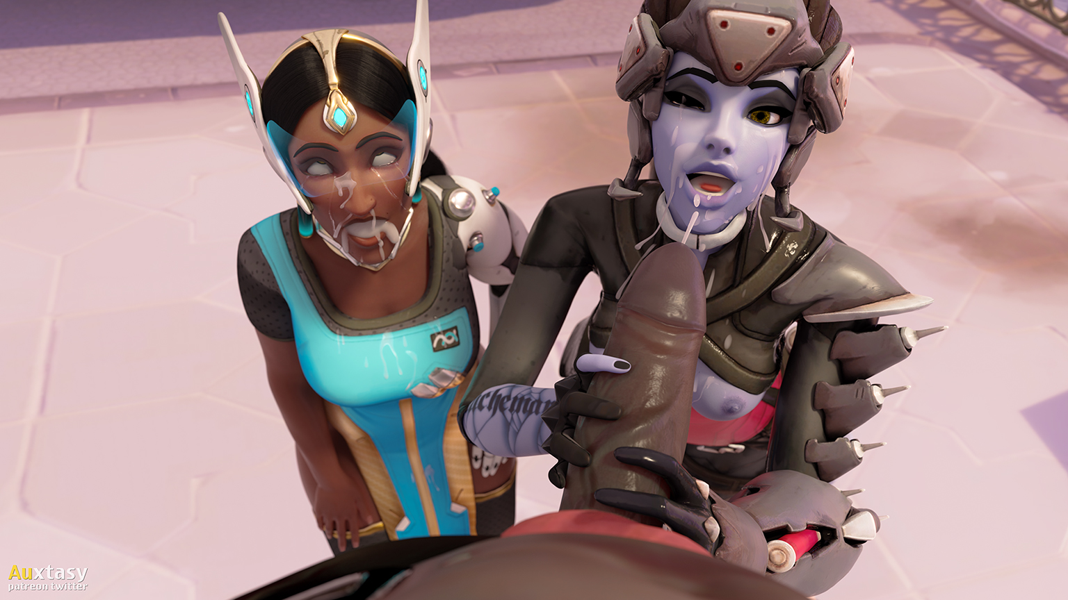 2girls, 3d, ahegao, alternate costume, auxtasy, big penis, blender, blue-tinted eyewear, breasts, cum, cum in mouth, cum in nose, cum on face, cumshot, dark skin, dark-skinned female, dark-skinned male, doomfist, facial, female, interracial, male, mouthful, nipples, noire widowmaker, overwatch, penis, symmetra, tinted eyewear, visor, widowmaker