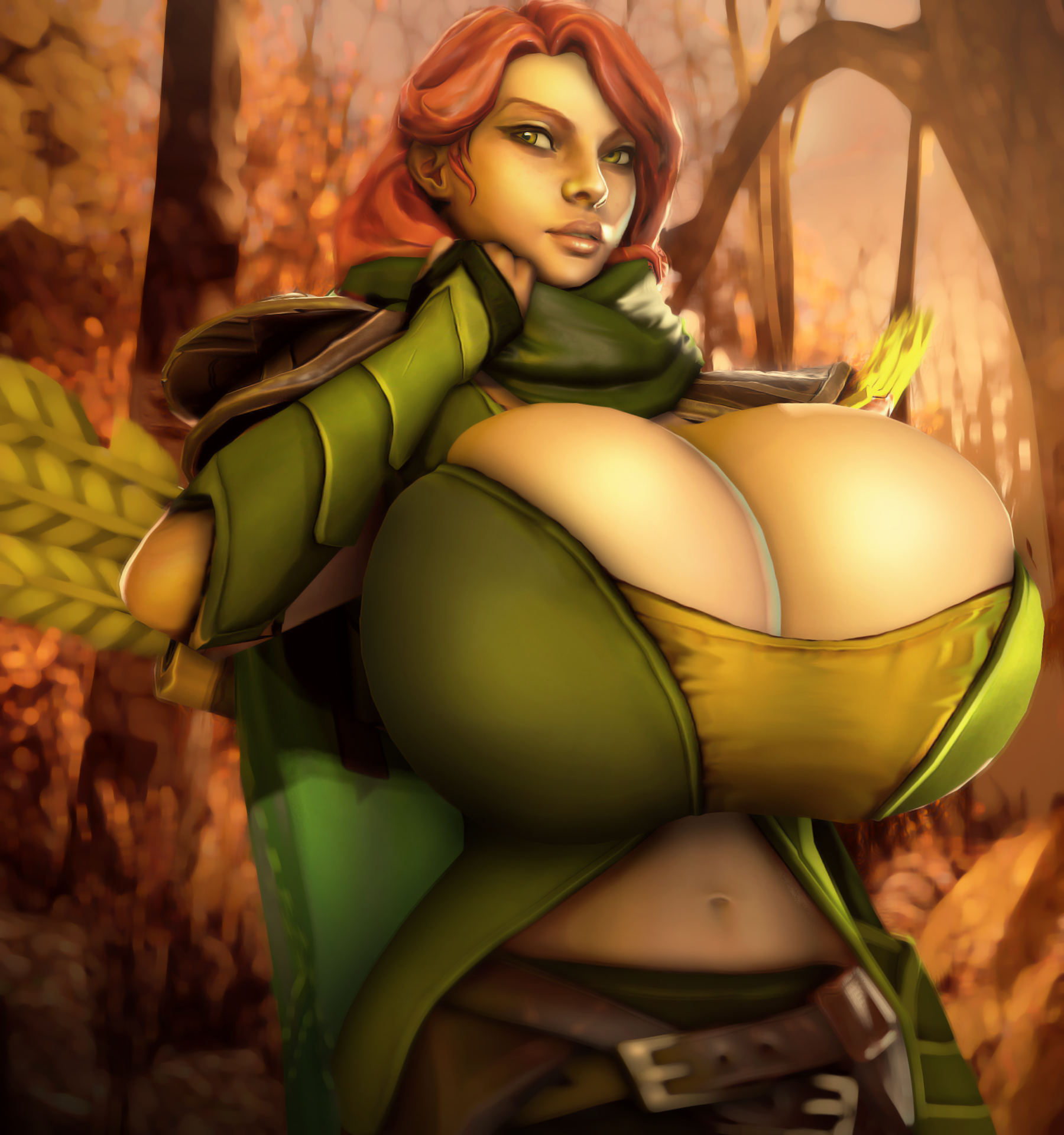 1girls, 3d, alternate breast size, barely contained, breasts, breasts bigger than head, bursting breasts, cleavage, cleavage overflow, clothed, clothed female, dota, dota 2, female, female only, forest, huge breasts, human, human female, human only, orange hair, raikovjaba, solo, solo female, tagme, top heavy, valve corporation, windranger