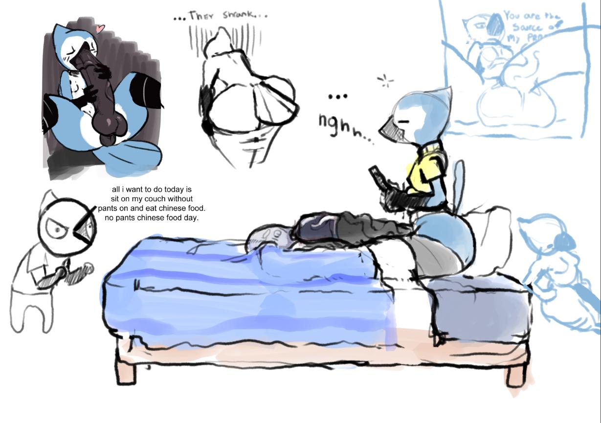 anthro ass autofellatio avian balls beak bed big_butt bird blue_jay condom corvid cum erection filled_condom ftrashman_(artist) furry heart hyper hyper_penis jamie_(ftrashman) jay_(bird) male_only new_world_jay penis solo text wearing_condom