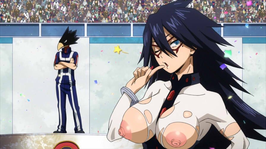 1boy 1girls accurate_art_style areolae big_breasts breast_focus breasts breasts_out clothing edit female fumikage_tokoyami hair large_breasts male mask midnight_(my_hero_academia) my_hero_academia nemuri_kayama nipple_focus nipples on_model one_eye_closed torn_clothes ttrop