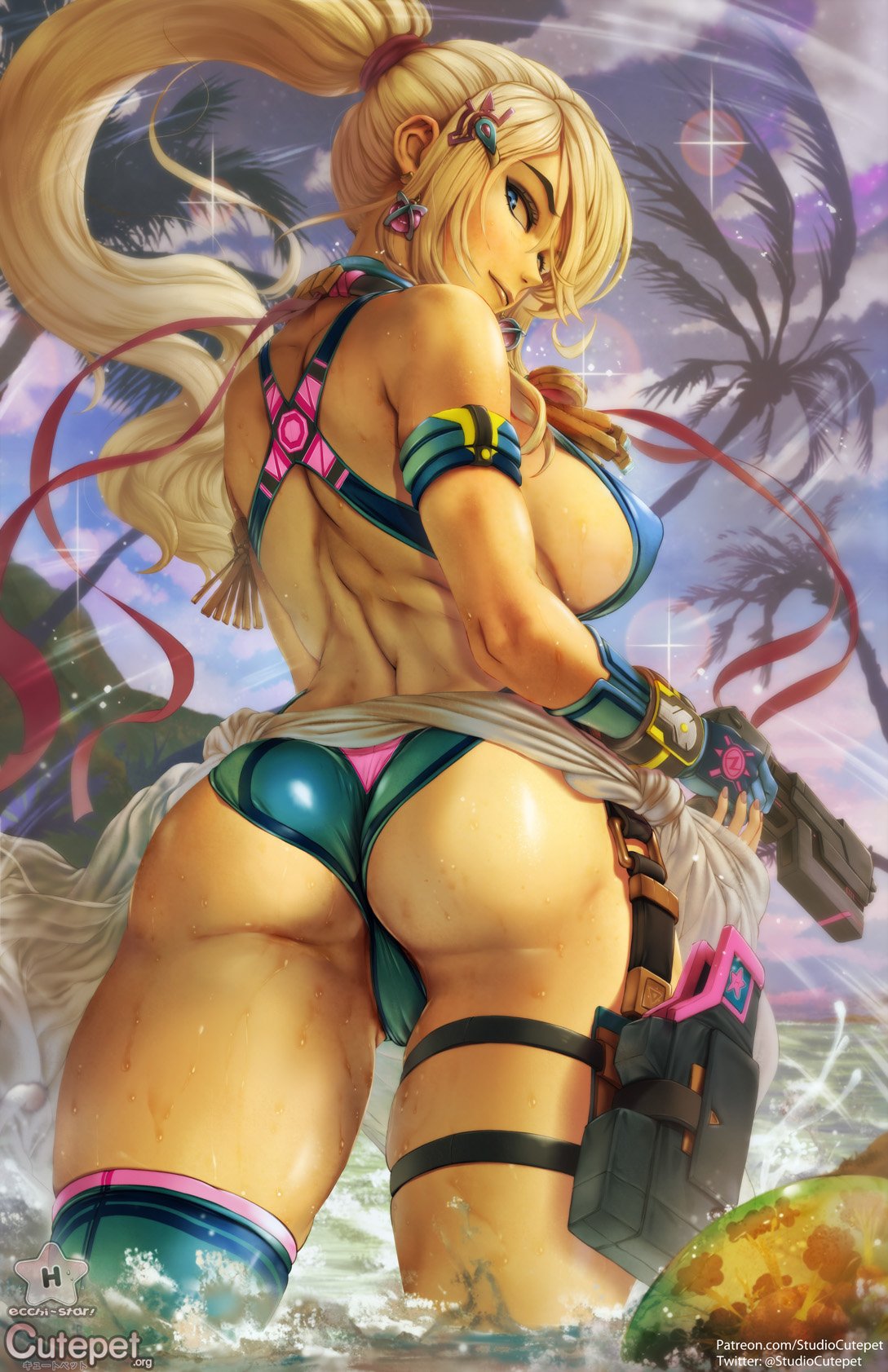 1girls, ass, back muscles, back view, bikini, blonde hair, blue eyes, breasts, bubble ass, bubble butt, cleavage, clothing, cutepet, female, female only, metroid, muscles, muscular, muscular female, nintendo, panties, samus aran, sideboob, solo, swimsuit, weapon, zero suit
