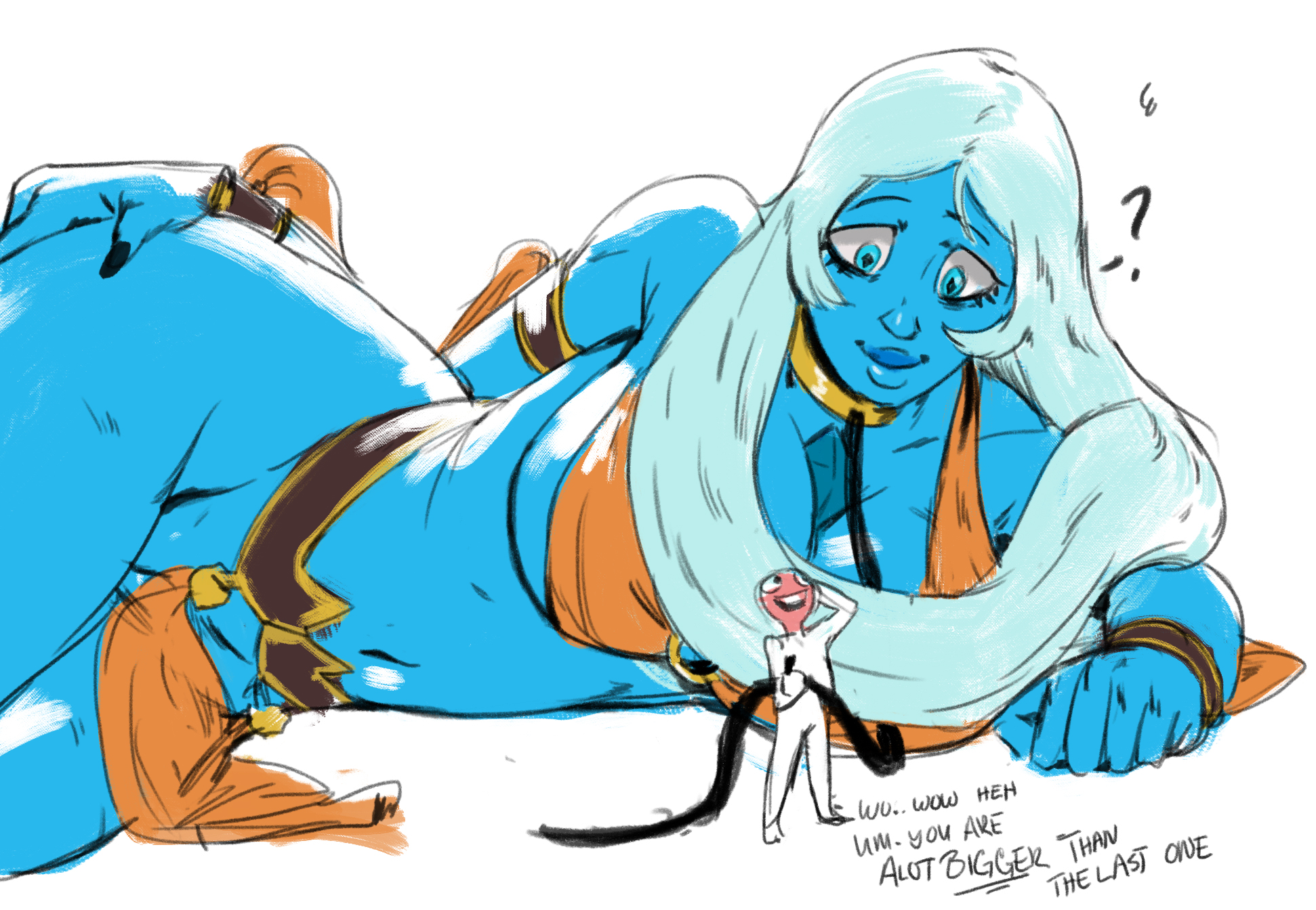 ?, 1girls, anon, big breasts, big thighs, bikini, bikini top, blue diamond (steven universe), blue eyes, blue nails, blue skin, blush, breasts, clothing, collar, color, cosplay, cuffs, curvaceous, curvy, dialogue, diamond authority, eyebrows, eyelashes, eyeshadow, female, full-face blush, gem, gem (species), giantess, hand on hip, heavy blush, hi res, high resolution, highres, huge breasts, human, large breasts, larger female, laying down, laying on side, leash, long hair, looking down, male, on side, orange bikini, plain background, plump lips, princess leia organa, pussy, pussy peek, redblacktac, shackles, size difference, slave bikini, smaller male, solo female, star wars, steven universe, thighs, white background, white hair
