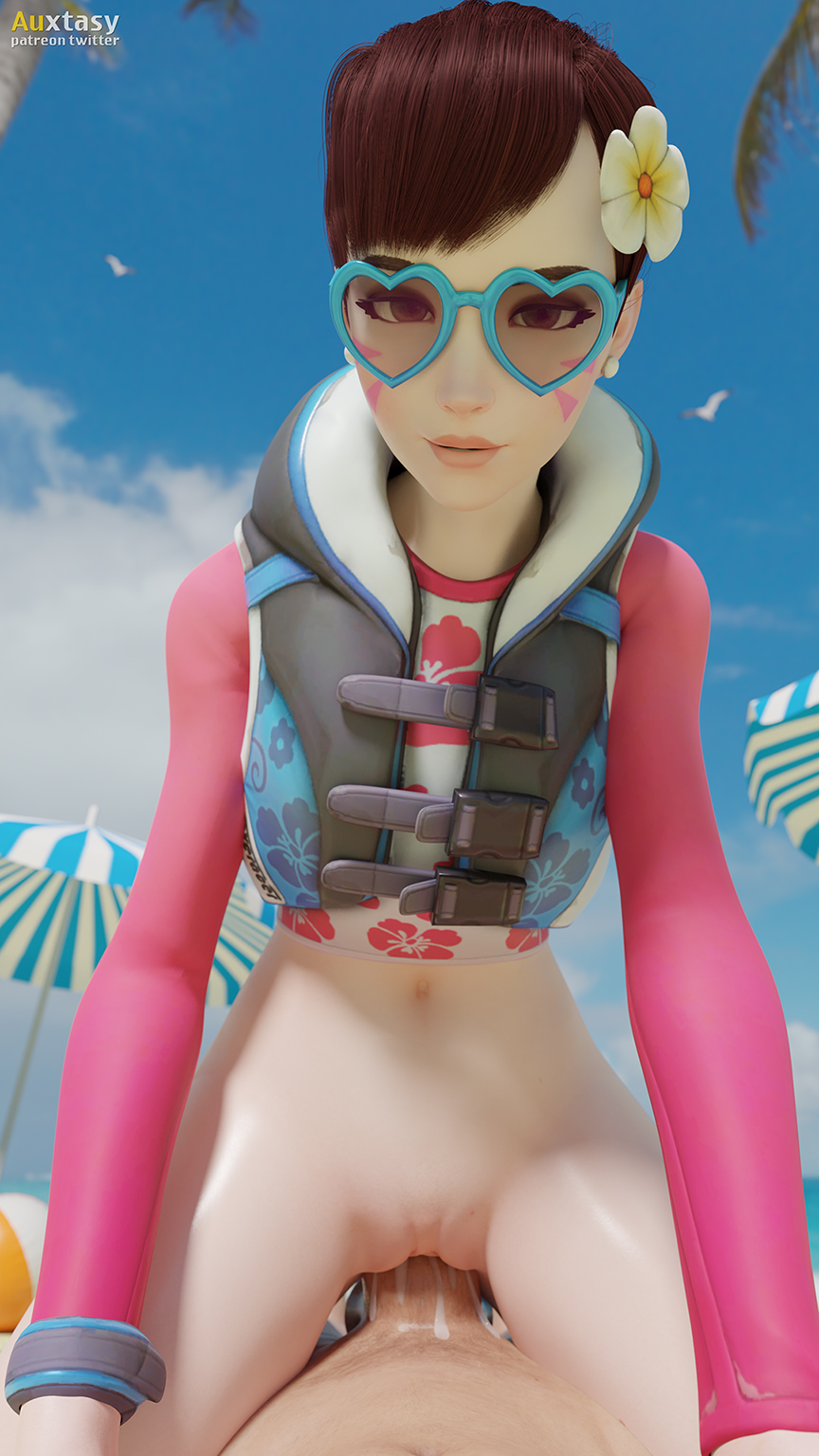 3d, alternate costume, auxtasy, beach, blender, cowgirl position, cum, cum in pussy, cum inside, cumshot, d.va, dripping cum, female, overwatch, pussy, pussy ejaculation, sunglasses, vaginal penetration, vaginal sex, waveracer d.va