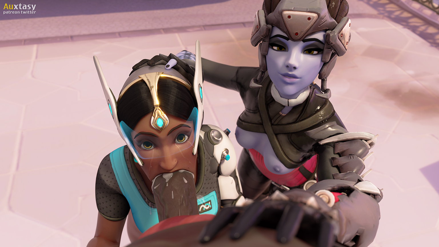1boy, 2girls, 3d, alternate costume, assisted fellatio, auxtasy, big penis, blender, blowjob, blue-tinted eyewear, breasts, cum, cum in mouth, cum on face, dark skin, dark-skinned female, dark-skinned male, deepthroat, doomfist, fellatio, female, interracial, male, mouthful, multiple females, multiple girls, nipples, noire widowmaker, overwatch, penis, symmetra, teamwork, tears, tinted eyewear, visor, widowmaker