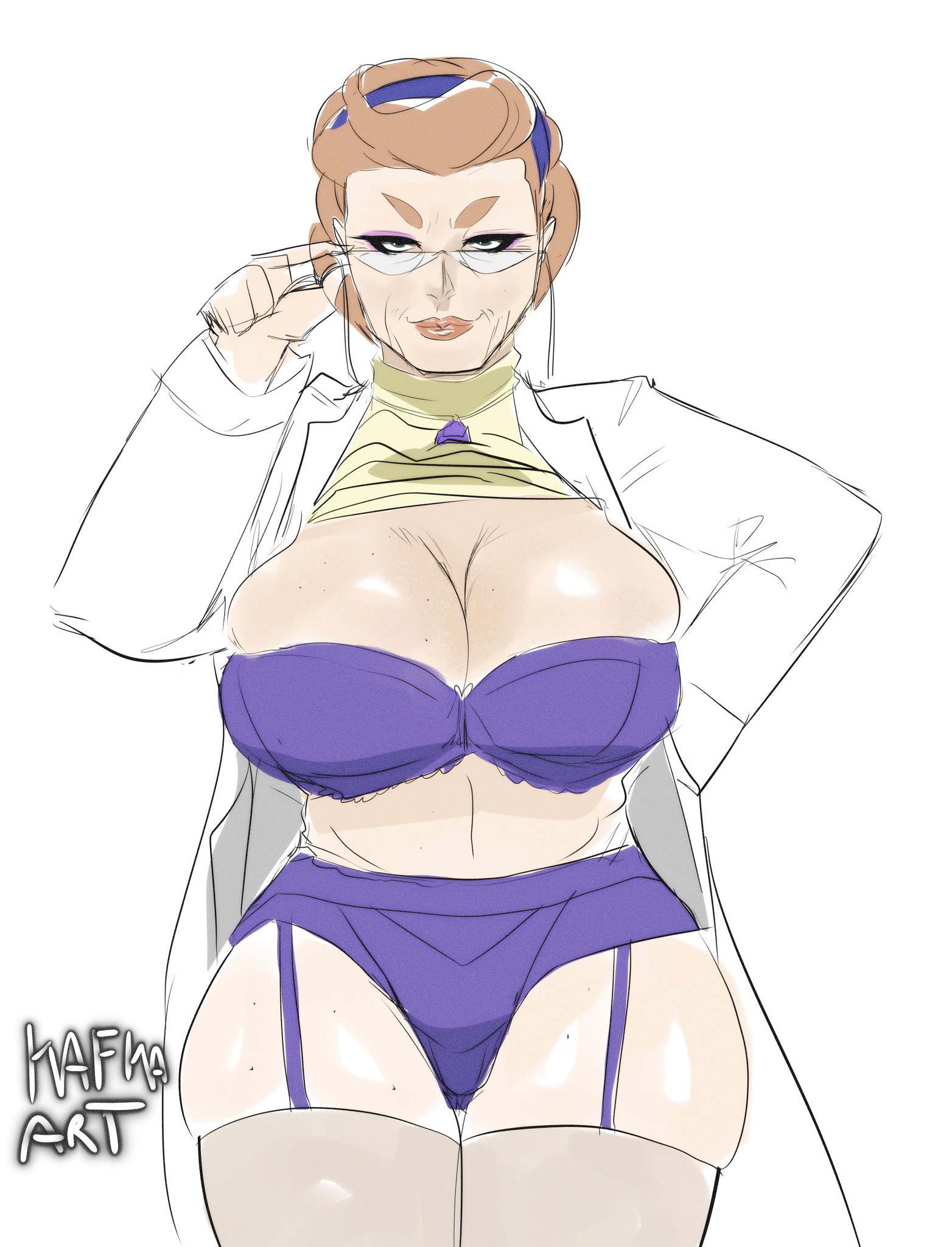 1girls, big breasts, bra, breasts, cleavage, clothed, curvy, eyeshadow, female, female only, gilf, glasses, grandmother, half-closed eyes, huge breasts, human, human only, kafka art, labcoat, light skin, light-skinned female, lingerie, magnolia (pokemon), makeup, mature, mature female, midriff, nasolabial folds, nintendo, older female, pale skin, pale-skinned female, panties, pokemon, pokemon professor, pokemon ss, sketch, source request, stockings, text, thick thighs, thigh gap, watermark, wide hips, wrinkles