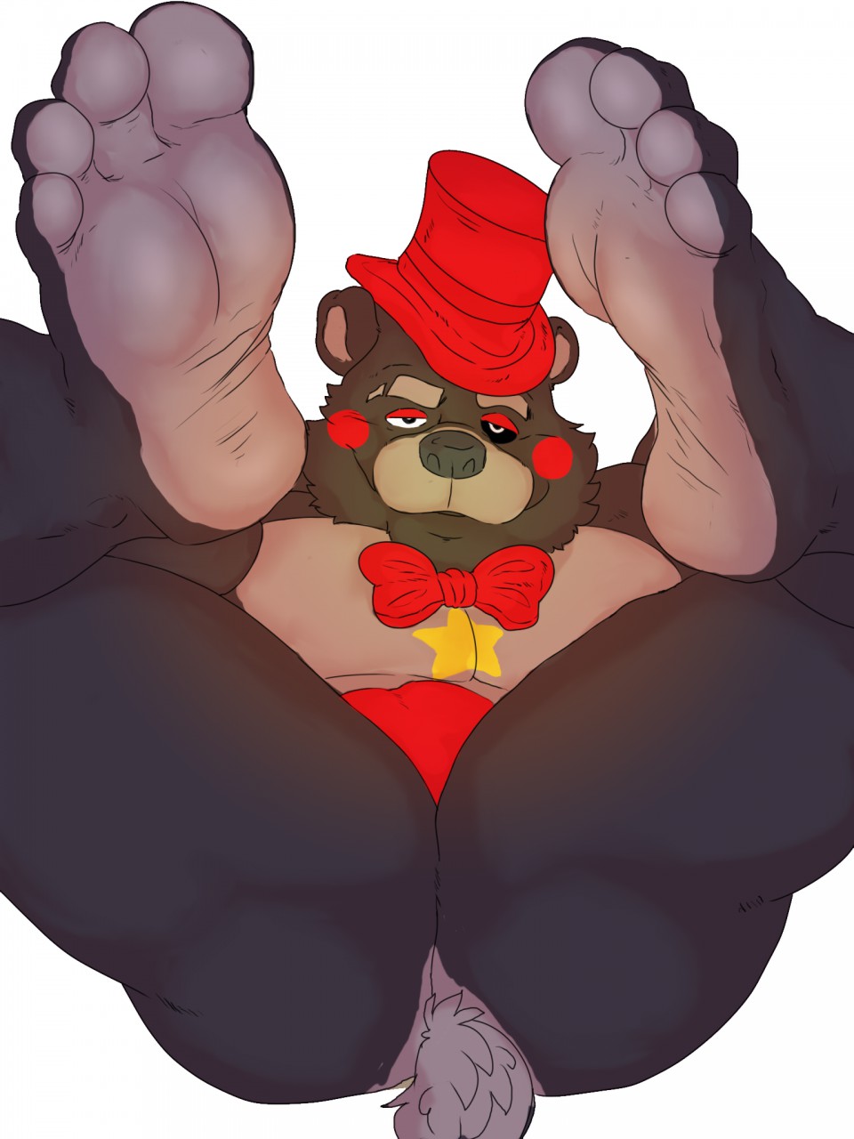animatronic, anthro, ass, bara, barefoot, bear, bonicfan123, bow tie, bulge, close-up, clothing, feet, five nights at freddy's, flufflecraft, fur, half-closed eyes, hat, headgear, headwear, lefty (fnaf), looking at viewer, lying, machine, male, male only, mammal, muscular, muscular male, nude, on back, pecs, presenting, presenting hindquarters, raised leg, robot, smile, solo, solo male, thick thighs, top hat, underwear, ursid, video games, yaoi