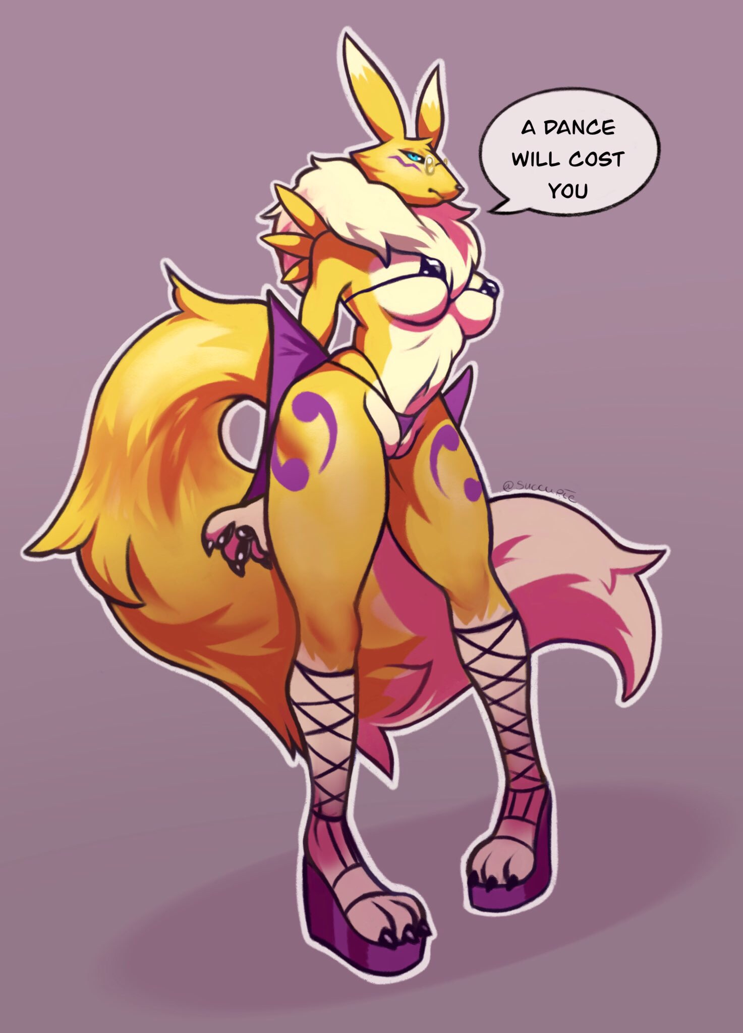 2019 anthro bikini breasts clothed clothing dialogue digimon digimon_(species) english_text eyewear female fishnet fur fur_markings glasses grey_background hi_res looking_at_viewer markings micro_bikini midriff navel platform_footwear pussy renamon simple_background solo speech_bubble standing succu-pie swimwear text under_boob