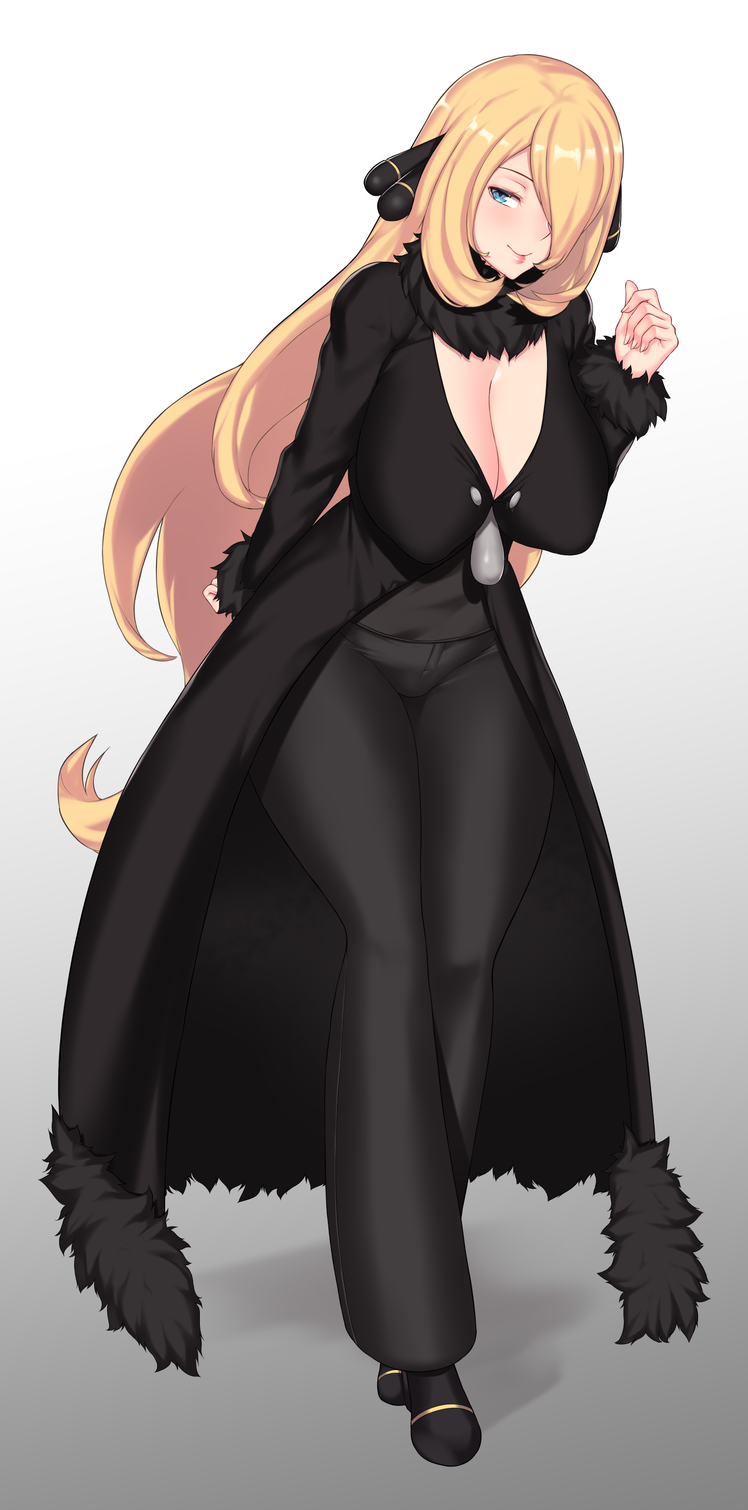 1girls, alternate eye color, aster crowley, blonde hair, blue eyes, breasts, busty, cleavage, clothed, coat, cynthia (pokemon), female, female only, full body, fur collar, hair over one eye, half-closed eyes, huge breasts, human, long breasts, long hair, nintendo, pants, pokemon, pokemon dppt, sagging breasts, shoes, solo, thick thighs, voluptuous, wide hips