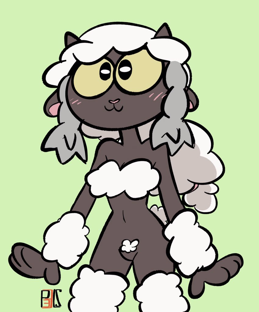 1girls :3 black_fur breasts female female_only furry nintendo nude p33ls pokemon pokemon_(species) pokemon_ss pubic_hair sheep simple_background smile watermark wooloo