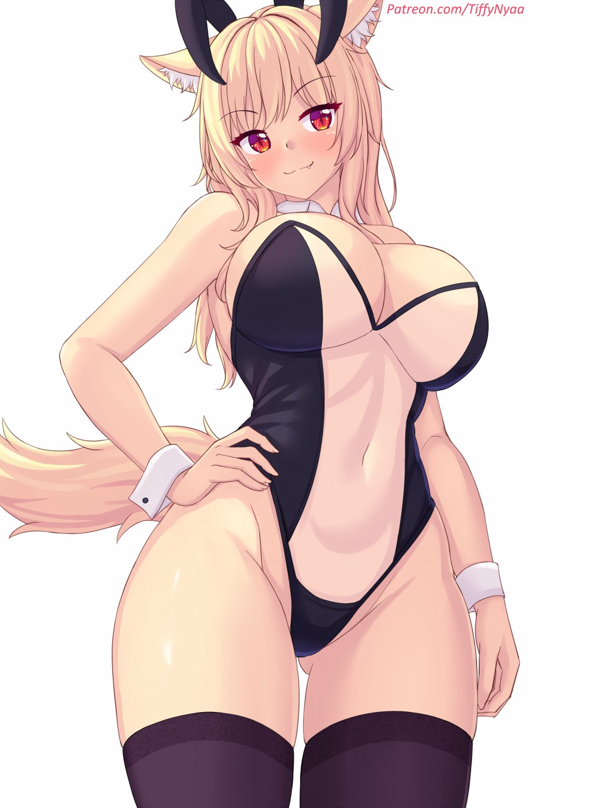 ass visible through thighs, big breasts, breasts, bunnysuit, cat ears, cat girl, cat tail, catgirl, female, hand on hip, see-through clothing, tagme, thighhighs, tiffy, tiffynyaa, viewed from below