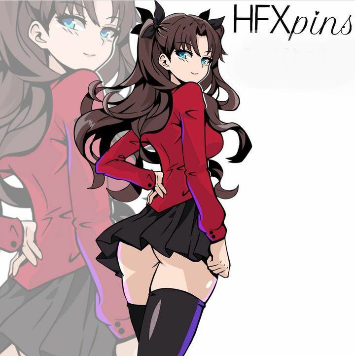 1girls, ass, big ass, big breasts, breasts, brown hair, cross, fate (series), fate/stay night, female, female only, hfxpins, human, light-skinned female, red shirt, skirt, solo, tohsaka rin