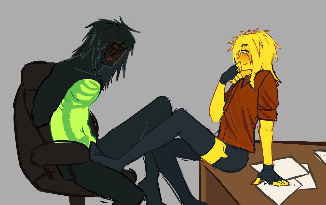 1x1x1x1, 1x1x1x1 (forsaken), 2boys, 2d, 2d (artwork), 2d artwork, 2male, 2men, black body, black fingerless gloves, black hair, black kneesocks, black limbs, black long hair, black skin, black stockings, black thigh highs, black thighhighs, blush, blushing at partner, boys, boys love, boys only, brown sclera, brown teeth, clothed, clothed footjob, clothed male, color, colored, digital, digital art, digital artwork (media), digital drawing, digital drawing (artwork), digital media, digital media (artwork), digital painting, digital painting (artwork), elliot (forsaken), elliot (work at a pizza place), finger to mouth, fingerless gloves, foreplay, foreplaying, forsaken (roblox), gay, gay domination, gay footjob, gay male, gdz, green torso, in office, kneehigh socks, kneehighs, kneehighs on male, kneesock on male, kneesocks, long black hair, long hair, long yellow hair, looking at partner, male, male only, male/male, men love men, men only, no background, no background version, out of character, red shirt, roblox, roblox game, robloxian, simple background, simple background version, sitting in chair, sitting on chair, sitting on table, stockings, stockings on male, stockings thigh highs, thigh highs, thighhighs, video game, video game character, video game franchise, video games, visible ribcage, yellow fur, yellow hair, yellow long hair, yellow skin