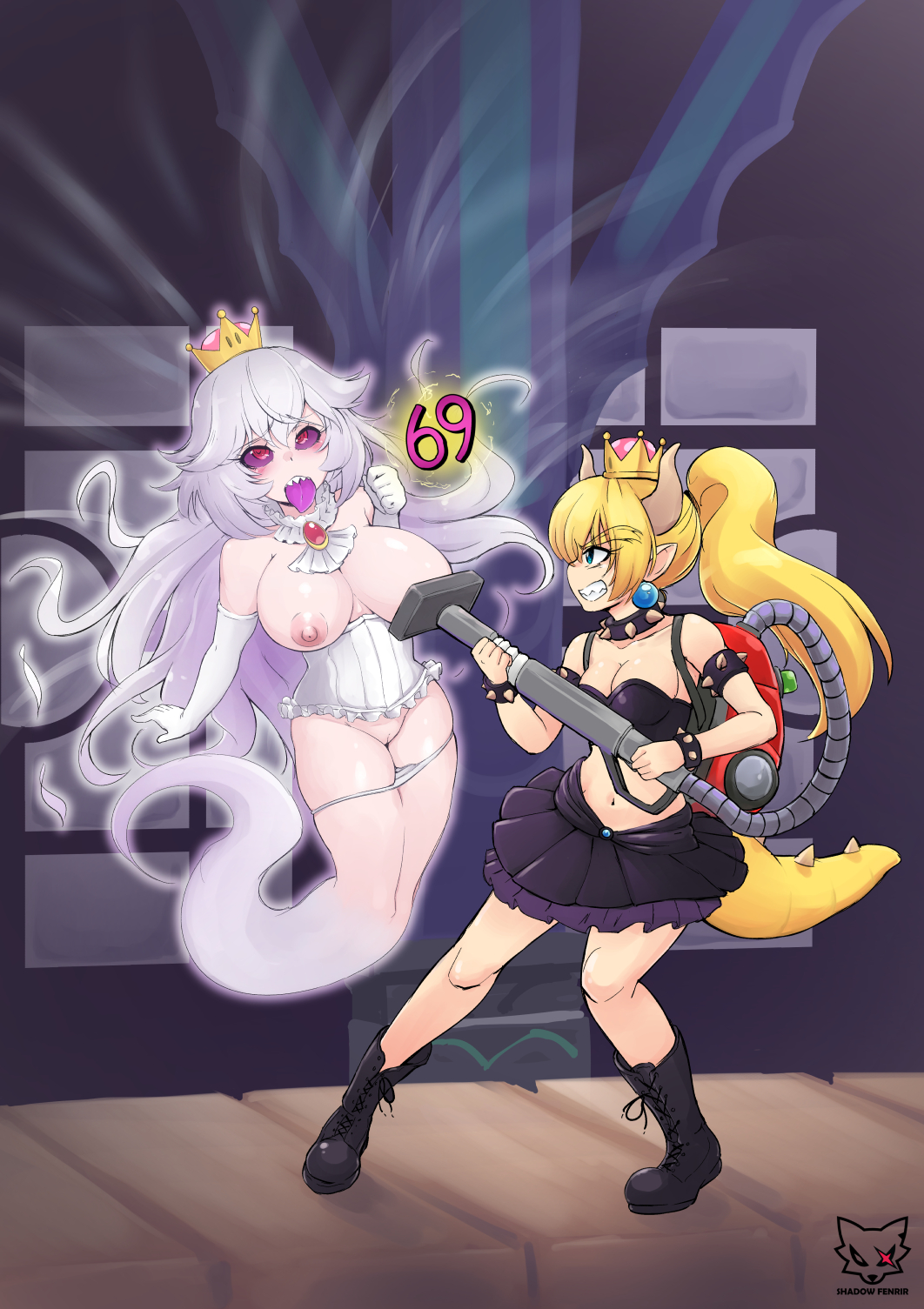 69 (number), boosette, bowsette, female, ghost girl, horns, luigi's mansion, mario (series), new super mario bros. u deluxe, panties, parody, rule 63, shadow fenrir, spiked armlet, spiked bracelet, spiked collar, super crown, tagme