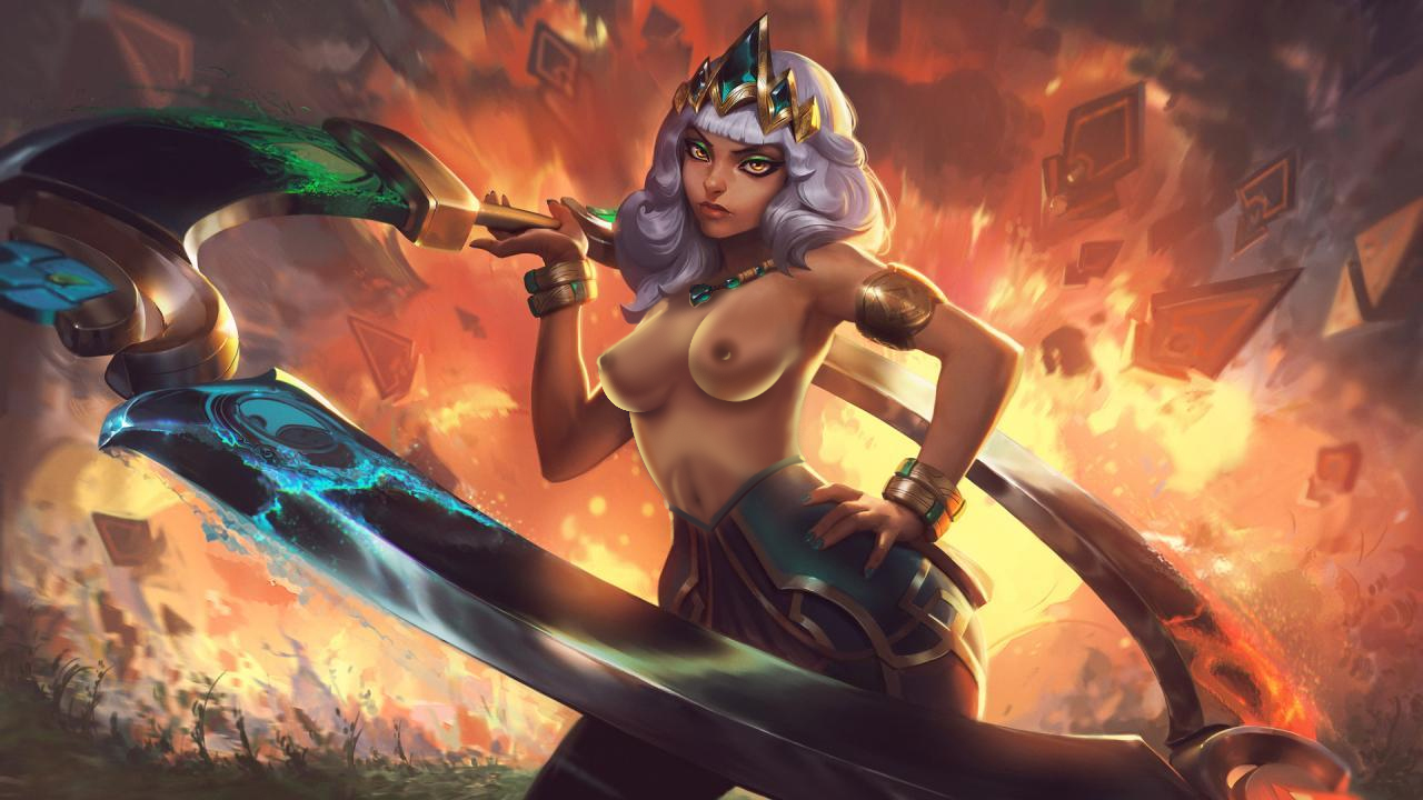 1girls, breasts, dark skin, dark-skinned female, female, female only, league of legends, nipples, photoshop, qiyana yunalai, solo, topless, topless female, white hair