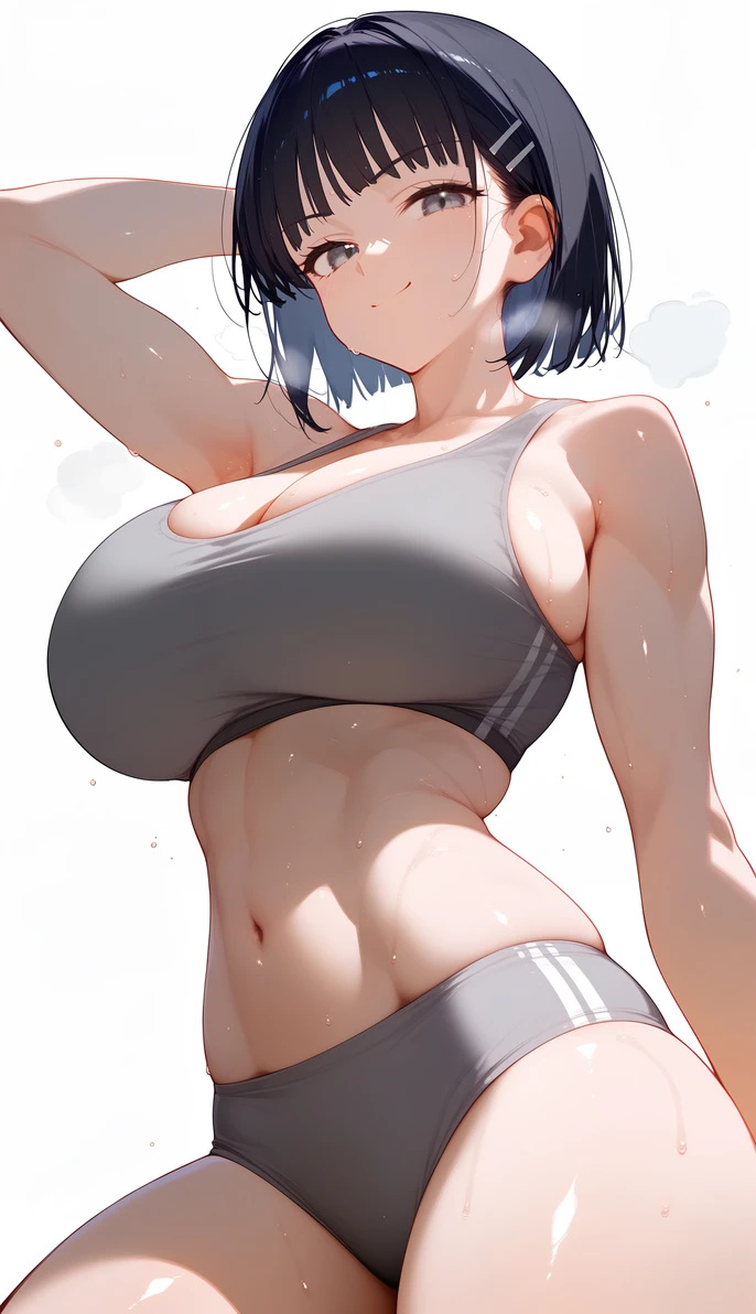 ai generated, asian, asian female, athletic, athletic female, bare legs, big breasts, black body, breasts, female, fit, fit female, grey eyes, gym clothes, gym uniform, huge breasts, kirigaya suguha, large breasts, light skin, light-skinned female, looking at viewer, mako (artist), muscular, muscular female, short hair, smiling, solo female, squatting, sweat, sweatdrop, sword art online, thick thighs, thighs, voluptuous female