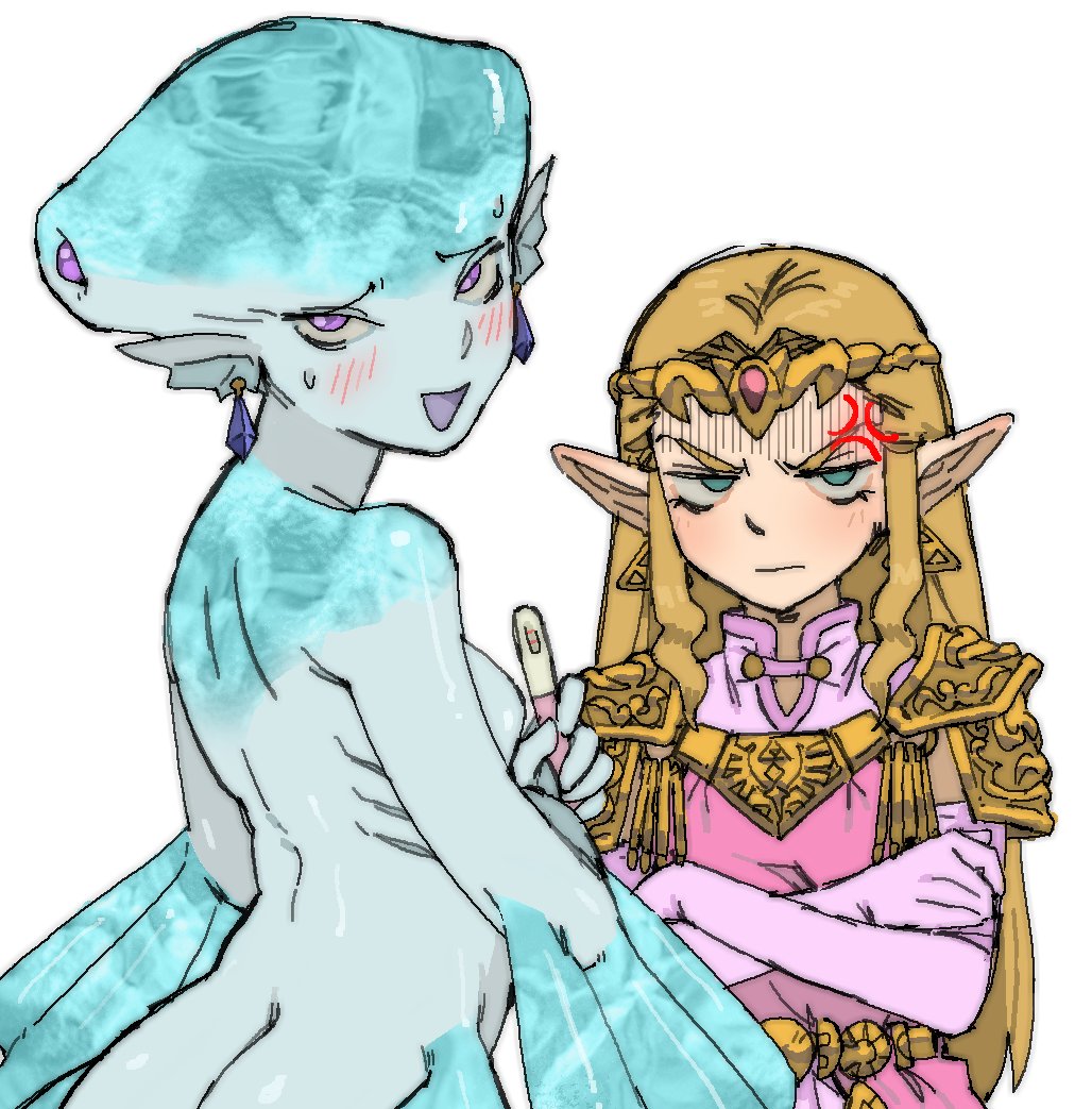 !2d_(artwork) 2girls anger_vein angry angry_face anthro ass_cleavage blush female female_only fish_girl funny looking_at_viewer multiple_girls naked ocarina_of_time pantsu_ripper pregnancy_test pregnant princess_ruto princess_zelda purple_eyes staring_at_viewer the_legend_of_zelda the_legend_of_zelda:_ocarina_of_time zelda_(ocarina_of_time) zora