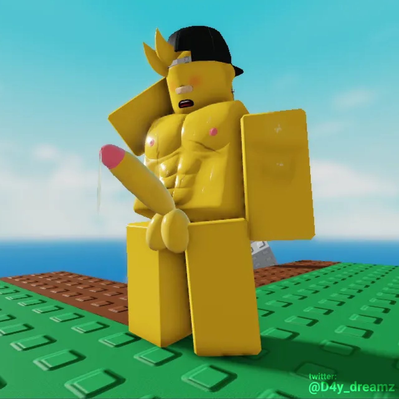 1boy, 3d, abs, balls, band-aid, bara, blush, cap, completely nude, d4y dreamz, english text, erection, eyeless male, gay, hair, male, male only, muscular, nipples, no text version, nude, nude male, open mouth, outdoors, penis, precum, roblox, robloxian, solo, solo male, sweat, yaoi, yellow body