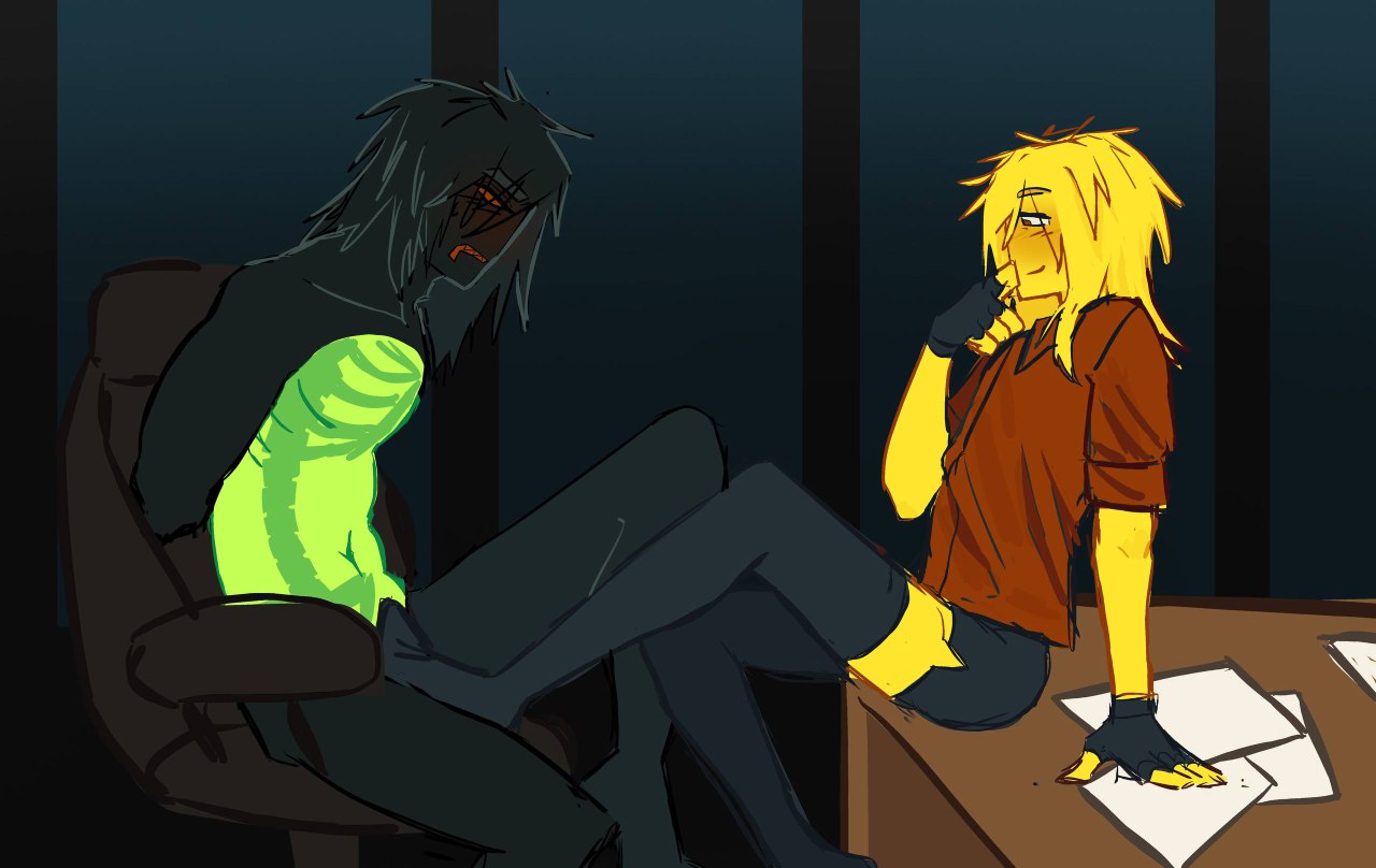 1x1x1x1, 1x1x1x1 (forsaken), 2boys, 2d, 2d (artwork), 2d artwork, 2male, 2men, black body, black fingerless gloves, black hair, black kneesocks, black limbs, black long hair, black skin, black stockings, black thigh highs, black thighhighs, blush, blushing at partner, boys, boys love, boys only, brown sclera, brown teeth, clothed, clothed footjob, clothed male, color, colored, digital, digital art, digital artwork (media), digital drawing, digital drawing (artwork), digital media, digital media (artwork), digital painting, digital painting (artwork), elliot (forsaken), elliot (work at a pizza place), finger to mouth, fingerless gloves, foreplay, foreplaying, forsaken (roblox), gay, gay domination, gay footjob, gay male, gdz, green torso, in office, kneehigh socks, kneehighs, kneehighs on male, kneesock on male, kneesocks, long black hair, long hair, long yellow hair, looking at partner, male, male only, male/male, men love men, men only, out of character, red shirt, roblox, roblox game, robloxian, simple background, sitting in chair, sitting on chair, sitting on table, stockings, stockings on male, stockings thigh highs, thigh highs, thighhighs, video game, video game character, video game franchise, video games, visible ribcage, yellow fur, yellow hair, yellow long hair, yellow skin
