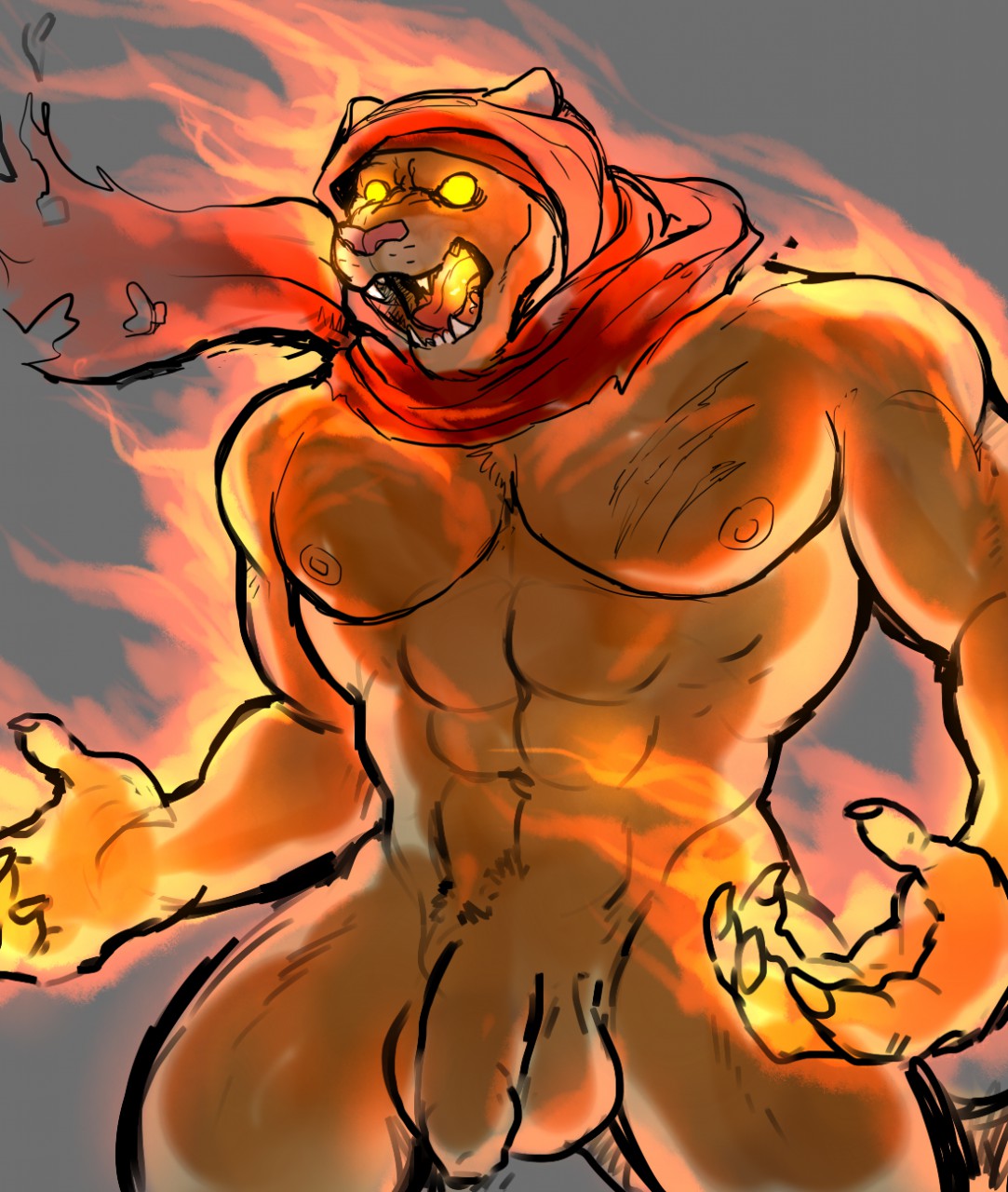 clothing cougar felid feline fire flaming furry glowing headgear headwear hi_res hyenaface male male_only mammal muscular nude penis red_moon scar solo solo_male tabaxi