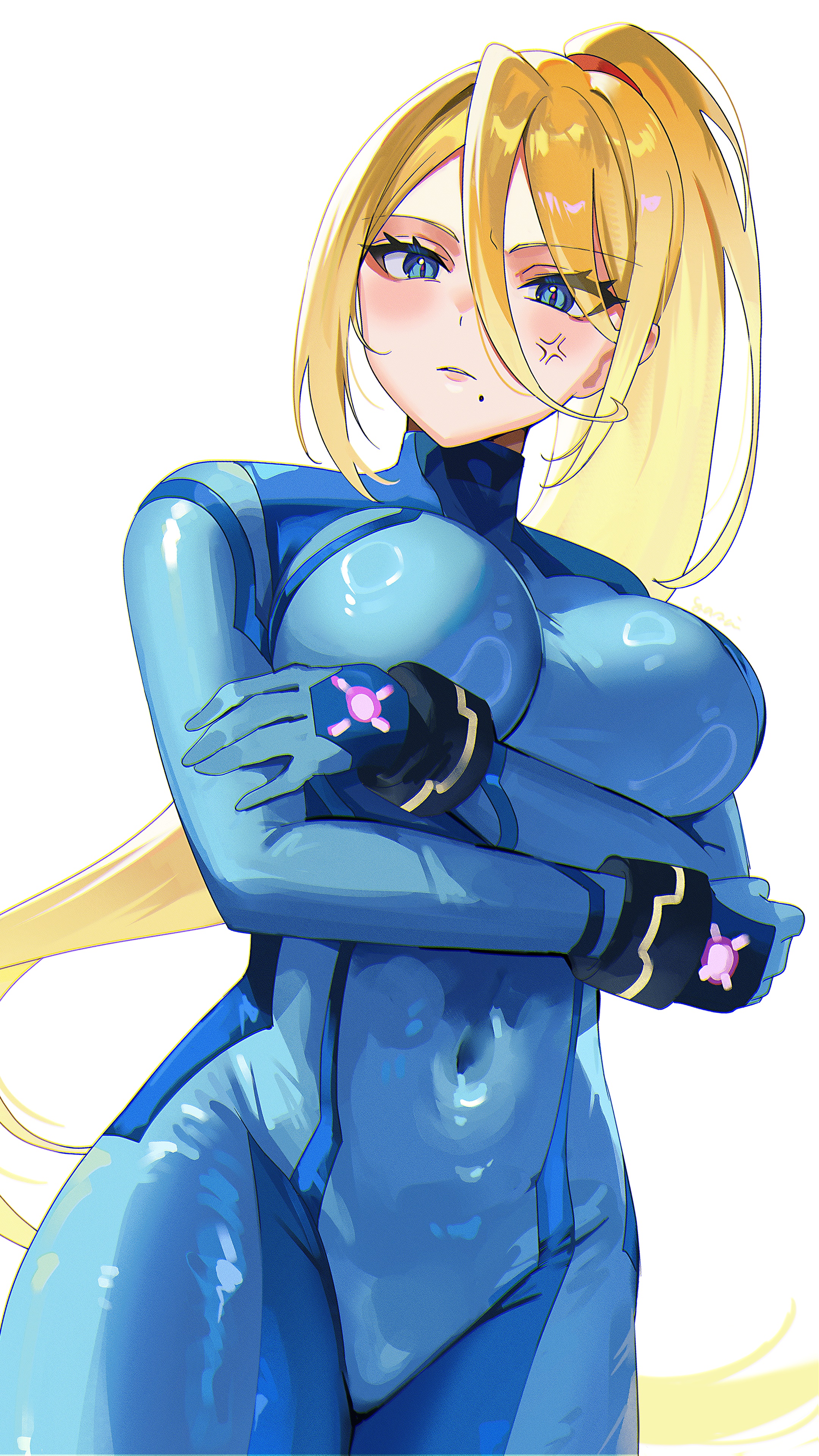 1girls, absurdres, anger vein, blonde hair, blue bodysuit, blue eyes, blue gloves, blush, bodysuit, breasts, covered navel, crossed arms, eyelashes, female, female only, from below, fully clothed, gloves, hair between eyes, high ponytail, highres, jpeg, large breasts, long hair, looking at viewer, metroid, mole, mole under mouth, nintendo, parted lips, samus aran, shiny clothes, simple background, skin tight, solo, standing, tight clothing, white background, yasaikakiage, zero suit samus