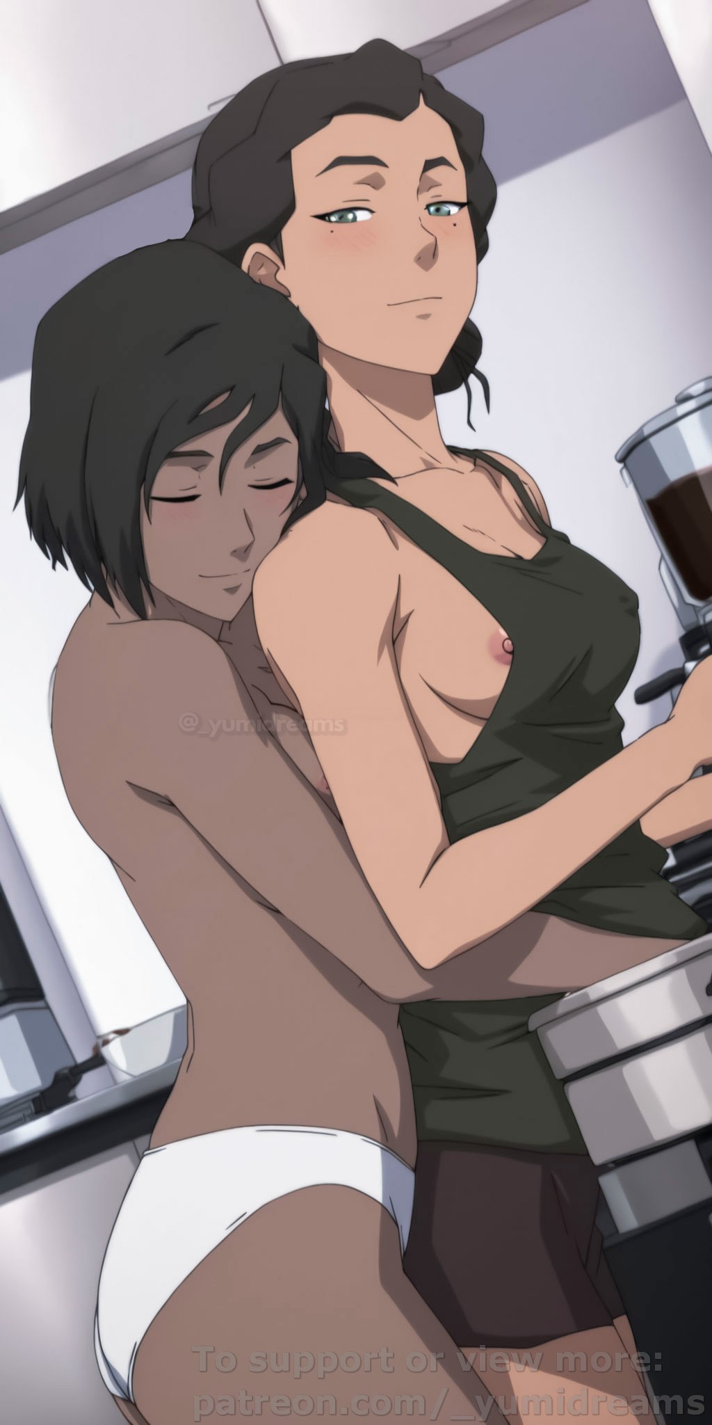  yumidreams, ai generated, apron, avatar legends, blush, coffee, dark-skinned female, embracing, embracing another, embracing from behind, female, from side, green eyes, green tank top, hair bun, kitchen, korra, kuvira, lesbian couple, mole, nipple slip, nude, nude female, panties, patreon username, short hair, the legend of korra, watermark, white panties, yuri