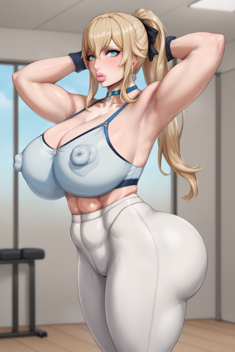 absoluteai ai_generated areola areolae armpits bimbo blonde_hair genshin_impact gym gym_clothes gym_uniform jean_gunnhildr massive_breasts milf mommy muscle_mommy muscular ponytail tight_clothing