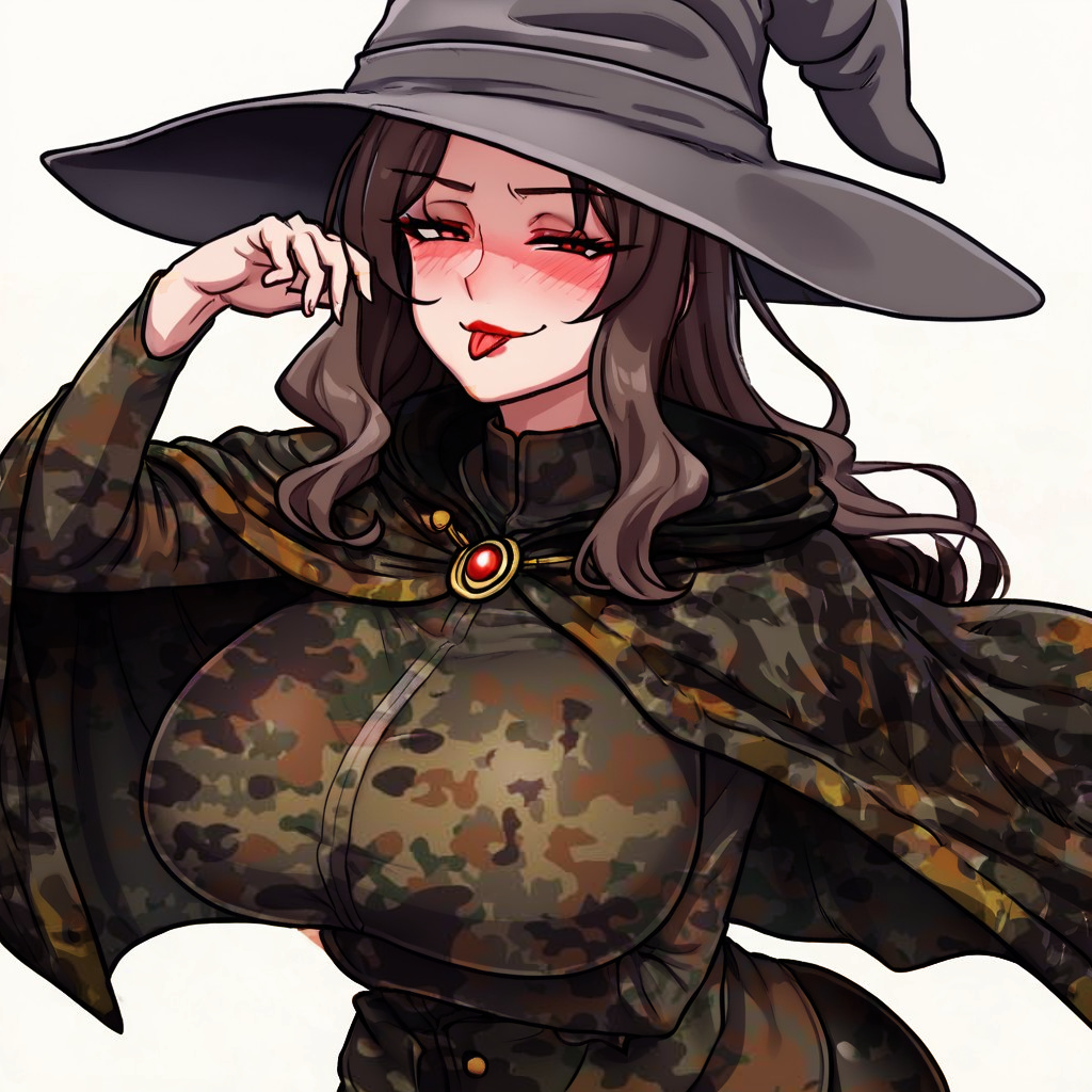 1girls ai_generated brown_hair camouflage dagothur1488 large_breasts magicman-chan magicman1410 magicwoman mature_female milf military military_uniform witch witch_hat wizard_hat