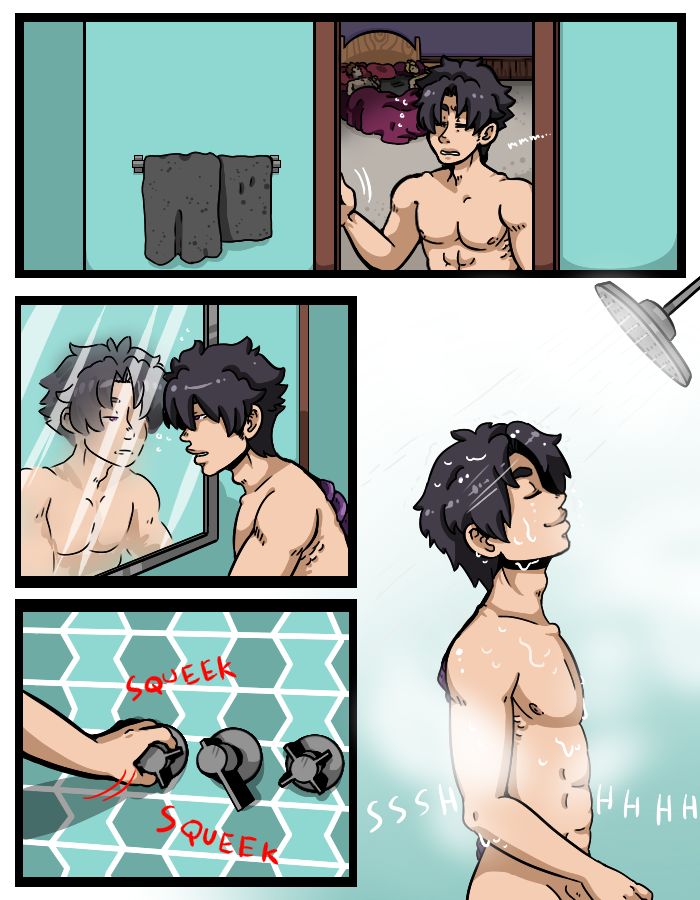 1boy bobby_drake broken_source comic comic_page commission commissioner_oc completely_nude darkchibishadow english_text final_fantasy_viii gay iceman marvel mirror muscular_male nexus_(schizoid) nipples self_insert speech_bubble taking_a_bath x-men zell_dincht