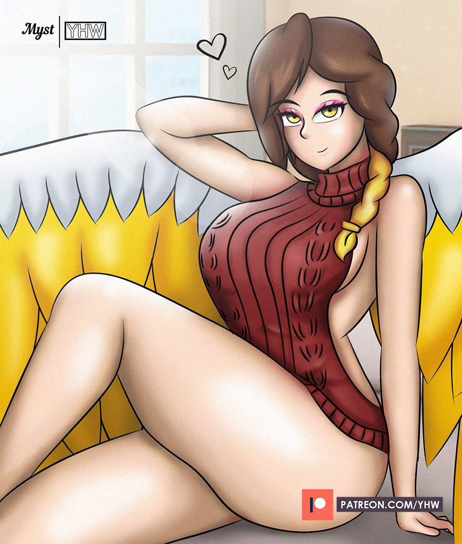 1girls, female, furia (paladins), heart, hi-rez studios, legs, looking at viewer, paladins, seductive, solo, sweater, virgin killer sweater, wings, yhw