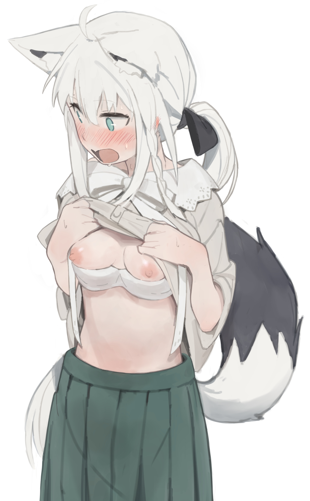 ahoge animal_ear_fluff animal_ears blue_eyes blush bra bra_pull braid breasts clothes_lift clothes_pull female fox_ears fox_girl fox_tail green_skirt grey_hair grey_shirt highres hololive kujira_pasta lifting_own_clothes long_hair medium_breasts nipples official_alternate_costume open_mouth pleated_skirt shirakami_fubuki shirakami_fubuki_(street) shirt shirt_lift side_braid simple_background skirt solo sweat tail underwear virtual_youtuber white_background white_bra