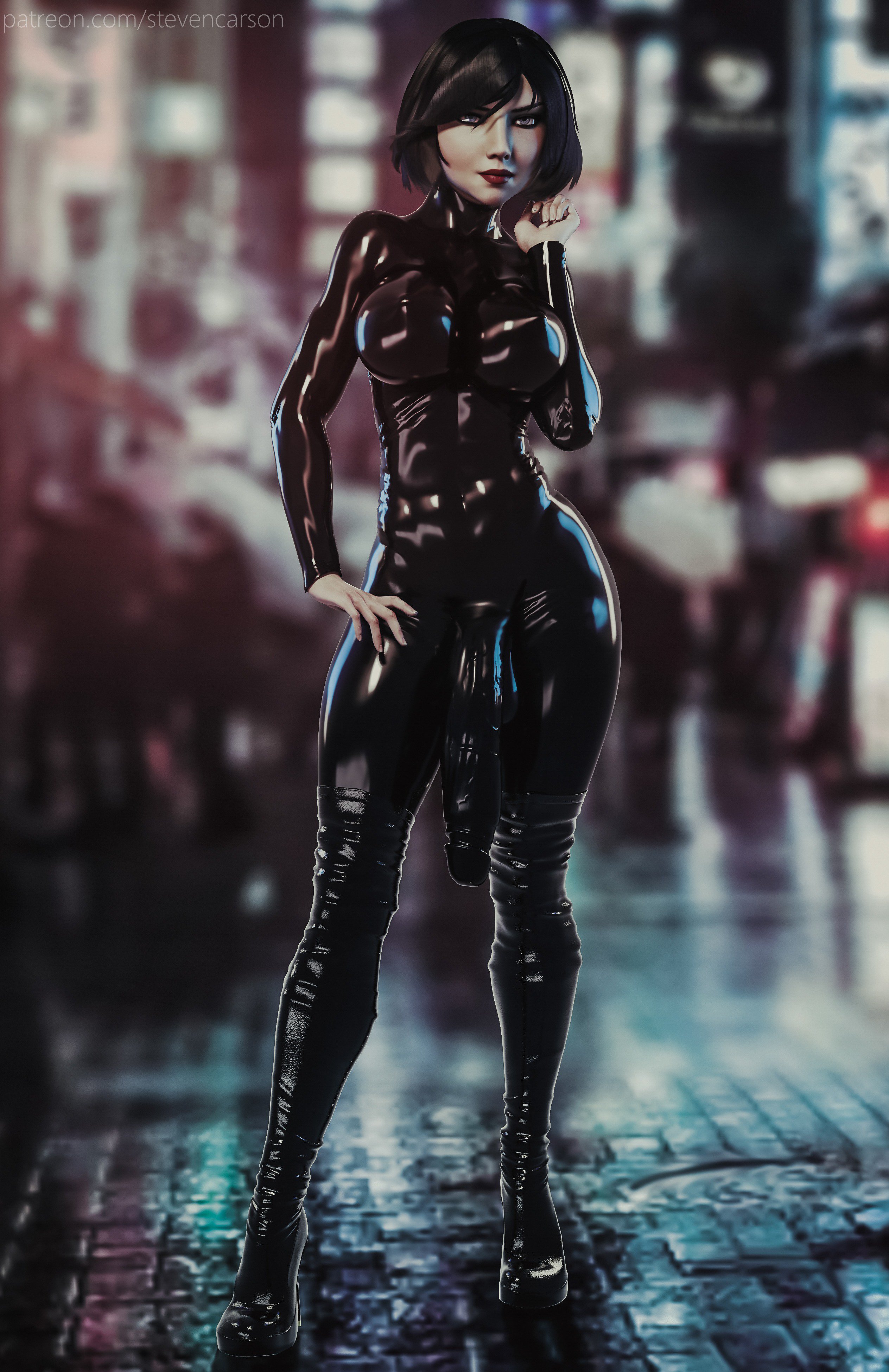 1futa, 3d, balls, balls bulge, balls in bodysuit, balls under clothes, bimbo, bioshock, bioshock infinite, bob cut, bodysuit, breasts, bulge, cameltail, casual, clothing, cock sleeve (clothes), condom suit, curvy, elizabeth comstock, erect nipples, flaccid, futa only, futanari, genitalwear, huge cock, huge penis, impossible clothes, intersex, large breasts, latex, latex futa, latex suit, looking at viewer, nipple bulge, nipples, penis, penis bulge, penis in bodysuit, penis to the knees, penis under clothes, public, realistic, solo, solo futa, stevencarson, tight clothing, wide hips