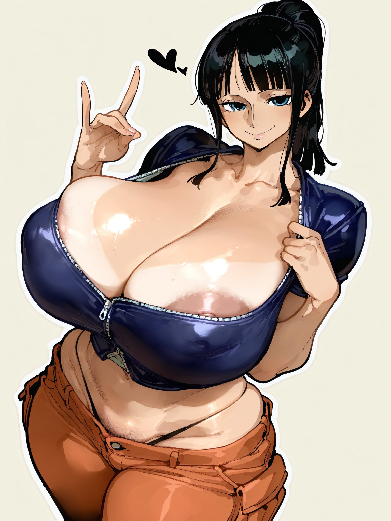 ai generated, areolae visible through clothing, bare thighs, black hair, blue eyes, breasts, clothing, female, female only, gigantic breasts, huge areolae, huge breasts, huge nipples, huge thighs, jean shorts, looking at viewer, massive areolae, massive breasts, mature female, milf, nico robin, nipples visible through clothing, oatmealdood, oiled body, oiled skin, one piece, ponytail, puffy nipples, shounen jump, smiling, solo female, squatting, sweat, sweatdrop, tan body, tan-skinned female, tanned female, tanned skin, thick body, thick female, thick thighs, thighs, voluptuous, voluptuous female
