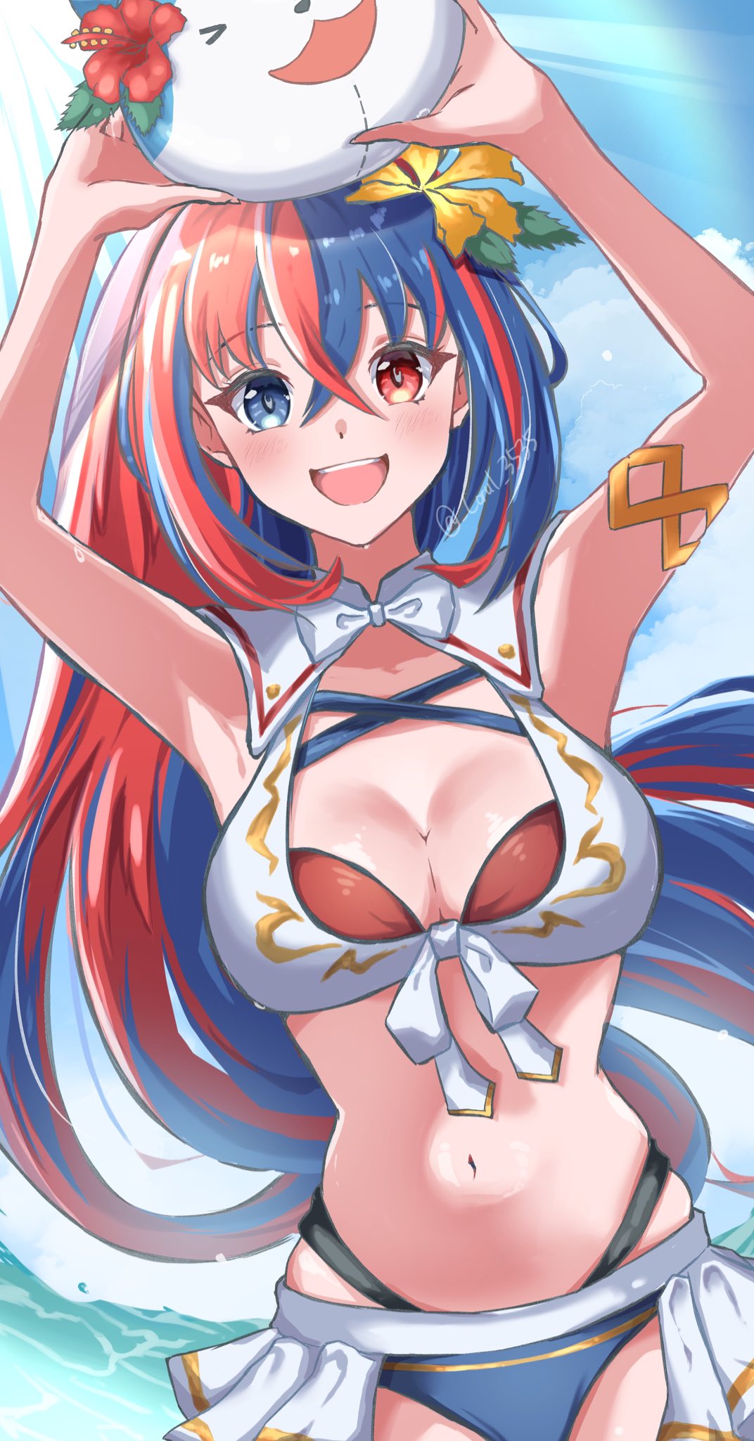 1girls alear_(female)_(fire_emblem) alear_(female)_(seaside_dragon)_(fire_emblem) alear_(fire_emblem) arms_up ball bikini blue_bikini blue_eyes blue_hair blue_sky bow bowtie breasts character_ball cleavage coral coral_3535 criss-cross_halter crossed_bangs female female_only fire_emblem fire_emblem_engage fire_emblem_heroes flower front-tie_bikini_top front-tie_top gold_armlet hair_flower hair_ornament halterneck heterochromia high_ponytail highres holding holding_ball large_breasts long_hair looking_at_viewer multicolored_bikini multicolored_clothes multicolored_hair nintendo ocean official_alternate_costume official_alternate_hairstyle open_mouth ponytail red_bikini red_eyes red_hair sky solo sommie_(fire_emblem) split-color_hair swimsuit two-tone_hair white_bikini white_bow white_bowtie yellow_flower