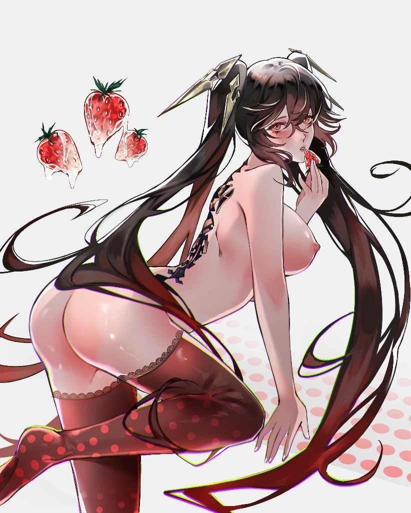 1girls black_hair eating female long_hair lucia_(punishing:_gray_raven) medium_breasts nipples nude punishing:_gray_raven red_eyes red_hair robot_girl strawberry thighhighs twintails