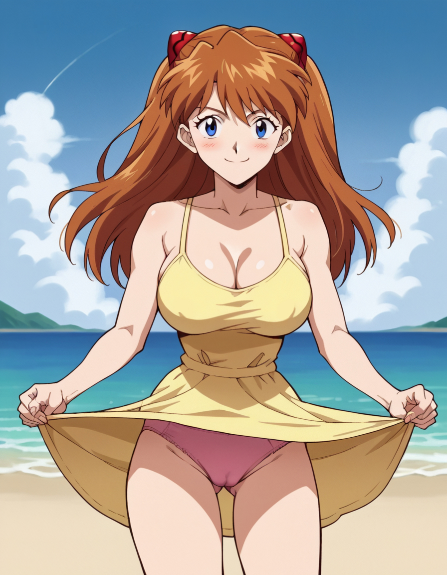 1girls, ai generated, aindroidparanoid, ass, asuka langley sohryu, beach, big ass, big breasts, big butt, blue eyes, breasts, dress, female, female only, huge breasts, large ass, large breasts, large butt, long hair, narrow waist, neon genesis evangelion, ocean, panties, red hair, sand, stable diffusion, wavy hair