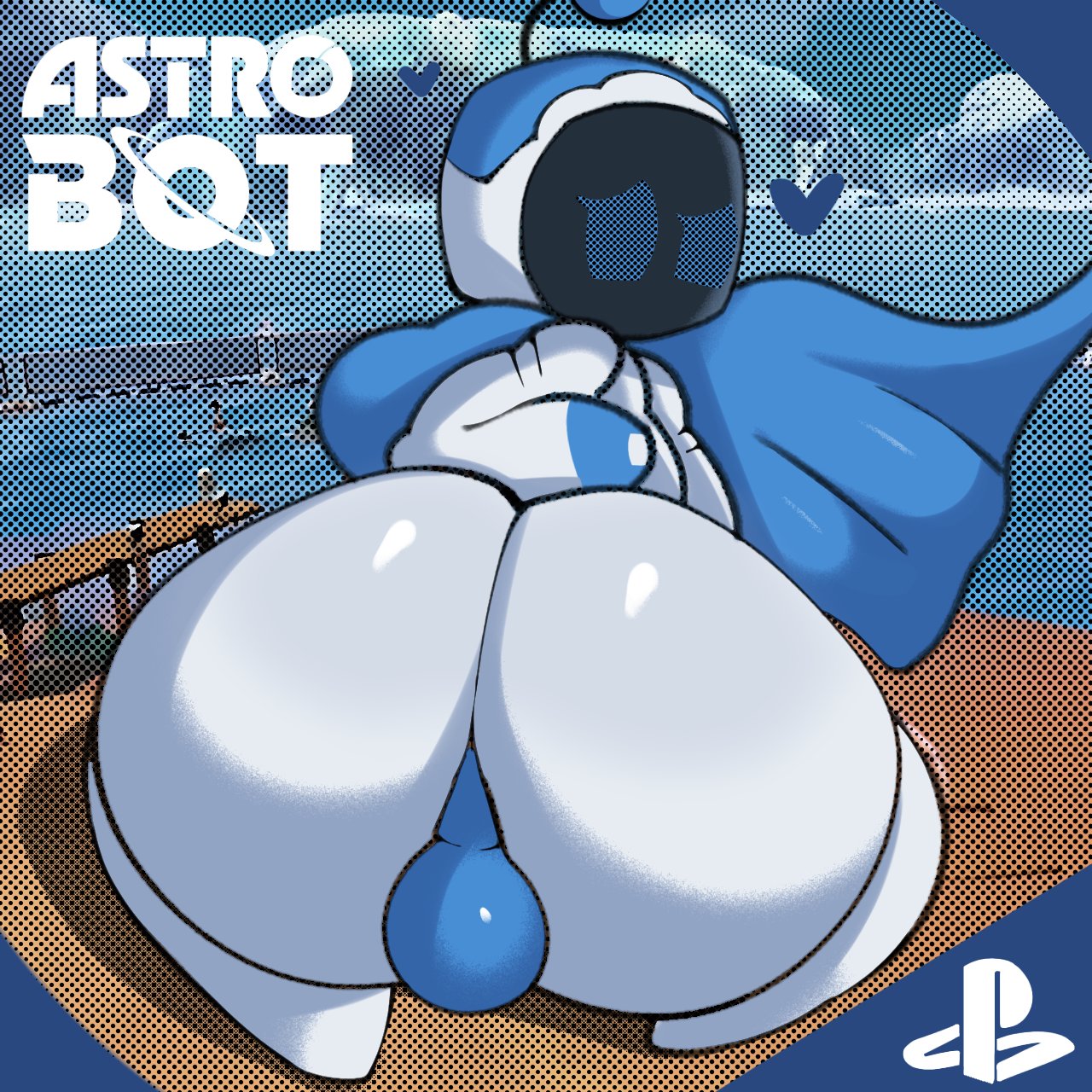 1boy, alex draws, ass, astro bot, astro bot (series), backsack, balls, ballsack, big ass, blue eyes, cape, digital media (artwork), heart symbol, hearts around head, male, male only, playstation, solo, solo male, sony interactive entertainment