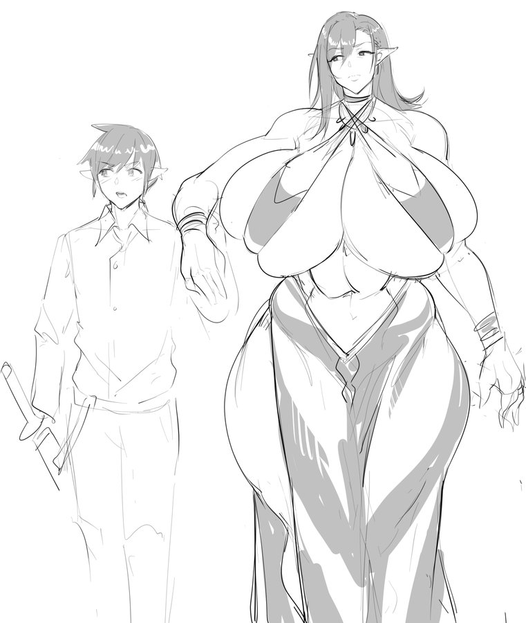 abs big_breasts curvy dress elf huge_breasts long_hair male mature_female milf muscular muscular_female natedecock original pointy_ears shorter_male size_difference sketch taller_female venus_body wide_hips